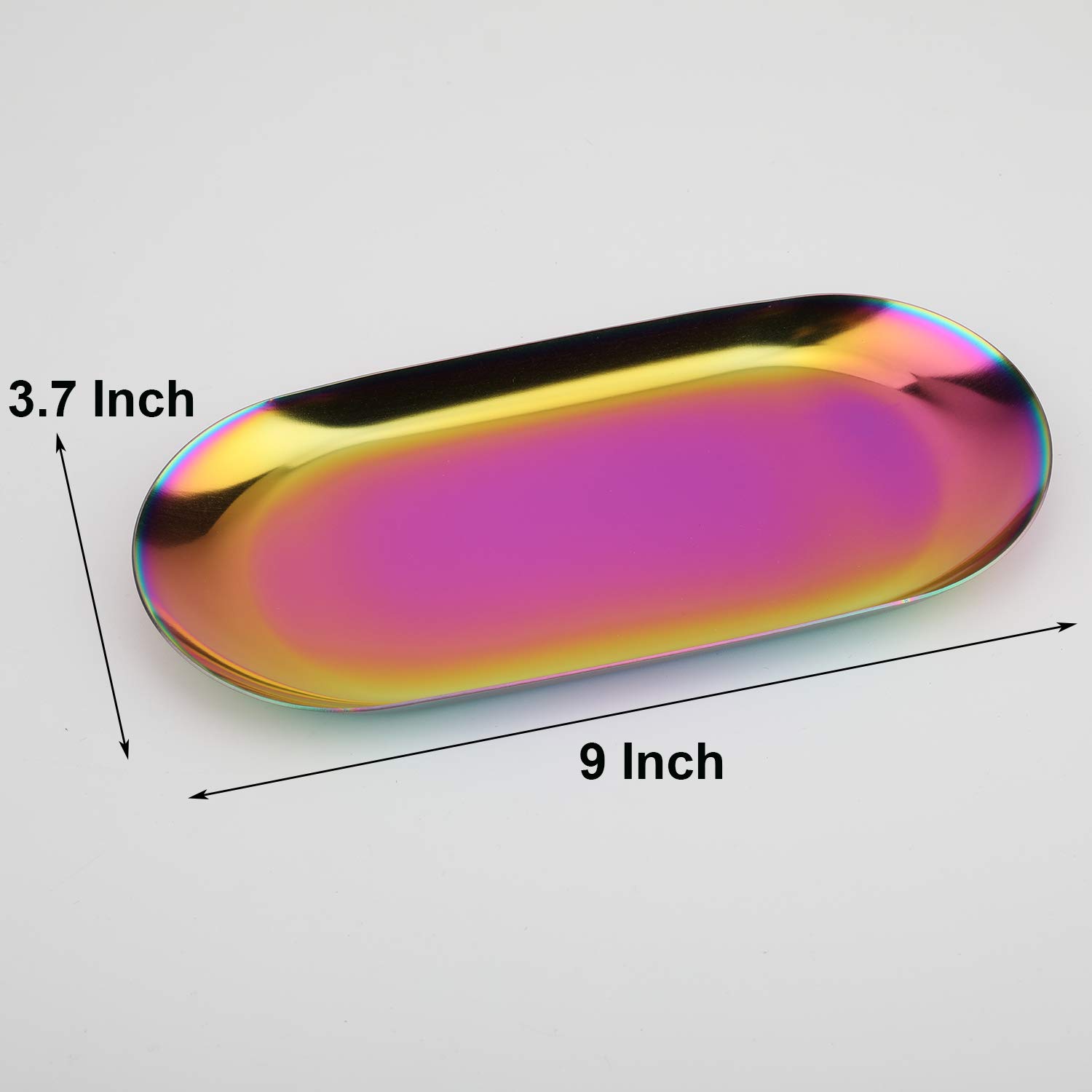 Fermus 9 Inch Stainless Steel Decorative Tray Set of 2 - Jewelry Organizer, Cosmetic Dish & Bathroom Storage - Holographic Oval Serving Platter for Home Decor, Vanity & Gift Giving