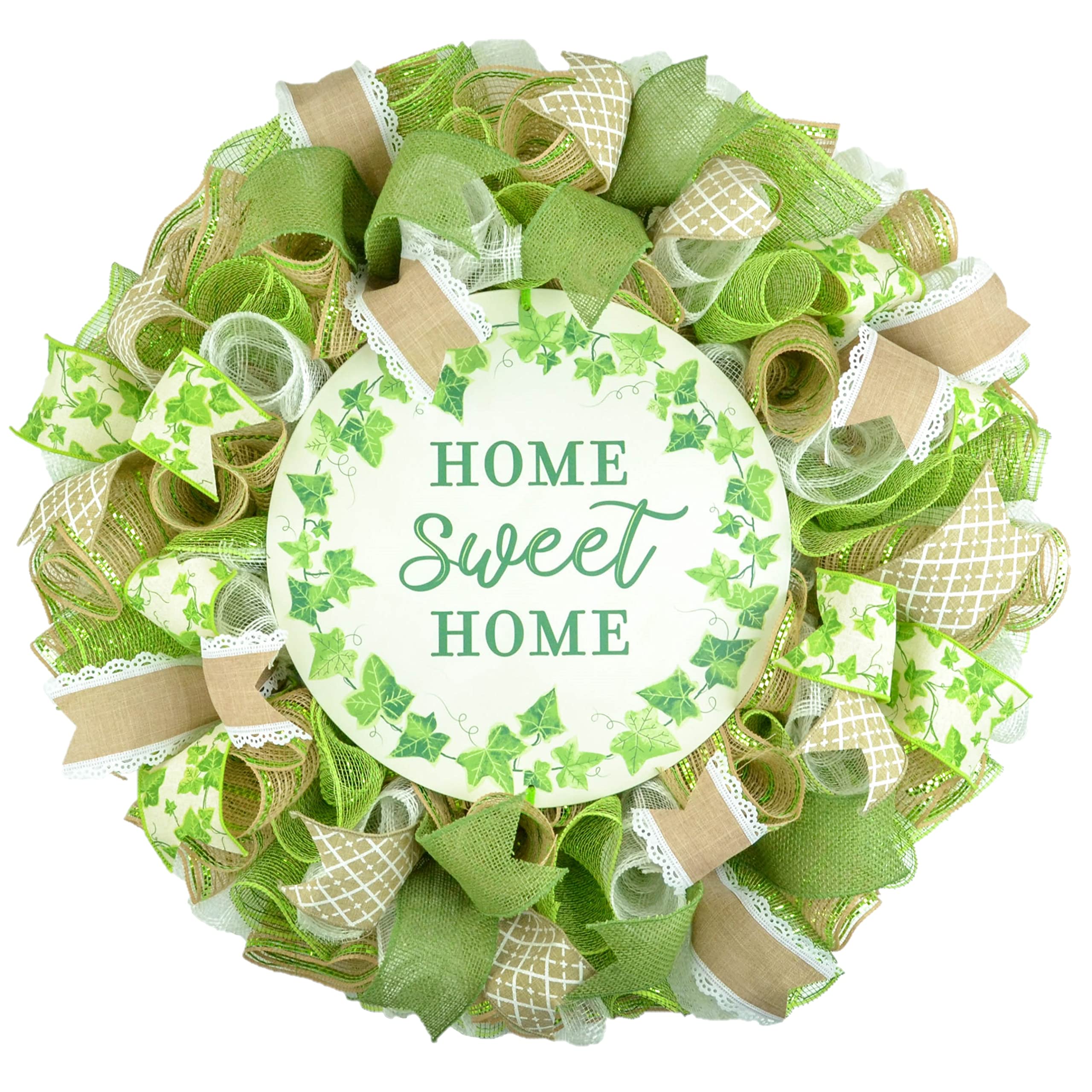 24 Inch Spring Wreath with Ivy Leaf Flowers - Home Sweet Home Lace Decor for Year Round Door Hanging - Moss Green Jute White Wreath - Perfect for Mother's Day Gifts, Front Door Decorations, and Seasonal Home Decor