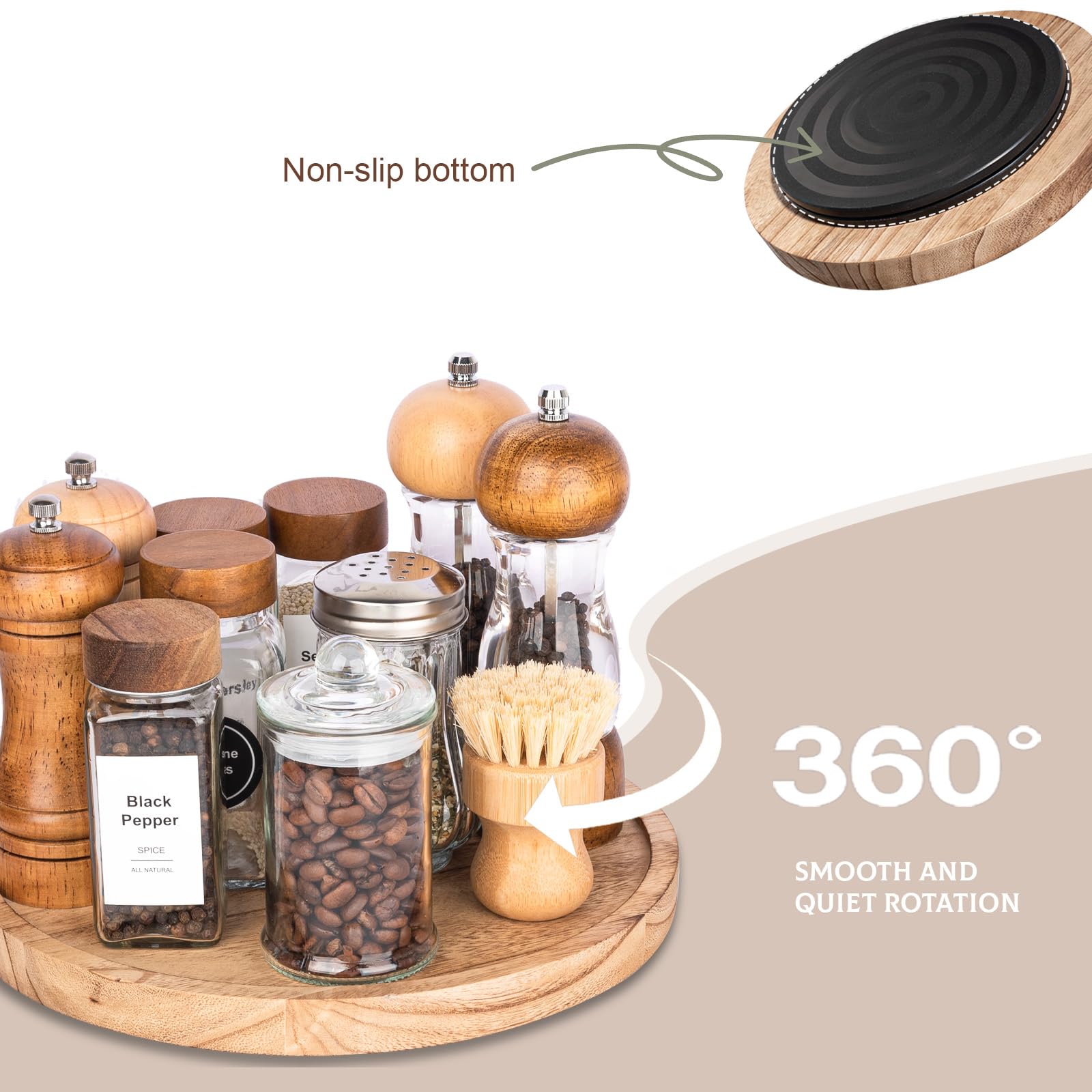 Wooden Lazy Susan Turntable Organizer - 10 Inch Round Decorative Tray for Kitchen, Bathroom, Cabinet & Vanity | Farmhouse Style Spinning Tray for Countertop, Sink, Coffee Table & Home Decor (Brown) - Perfect for Organizing Spices, Makeup & Displaying Decor Items