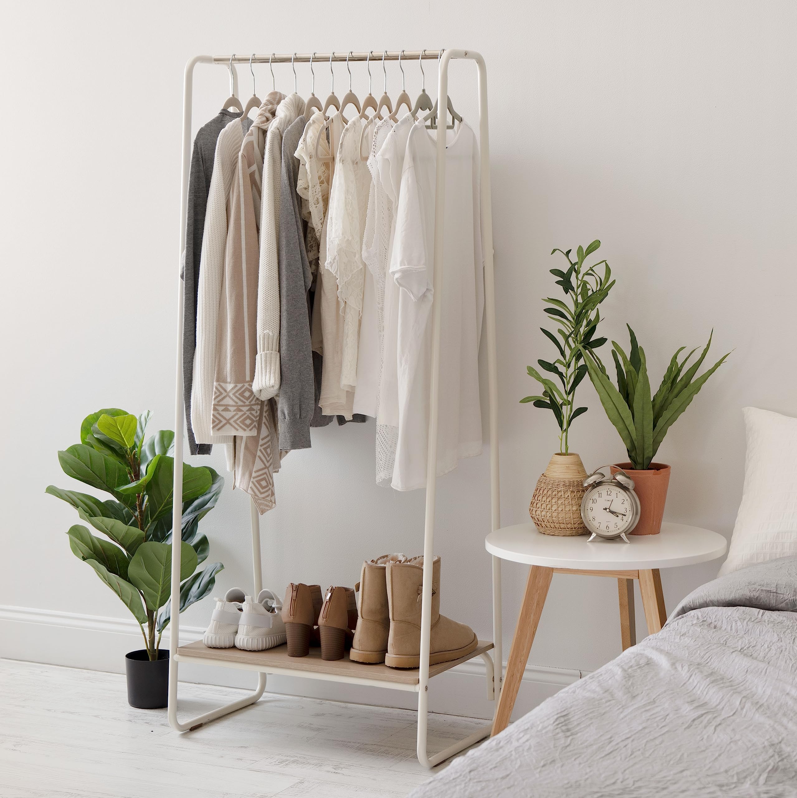 IRIS USA Freestanding Clothes Rack with Wood Shelf - Sturdy Metal Garment Rack for Hanging Clothes | Easy Assembly Space-Saving Storage Solution for Bedroom, Closet & Laundry Room (White)