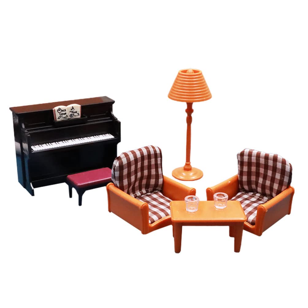 Miniature Dollhouse Furniture Set - Sofa, Chair, Floor Lamp, Table with Cups & Mini Piano - DIY Doll Home Decor & Craft Toys for Kids | Perfect for Dollhouse Scenes, Kids' Playtime & Collectors