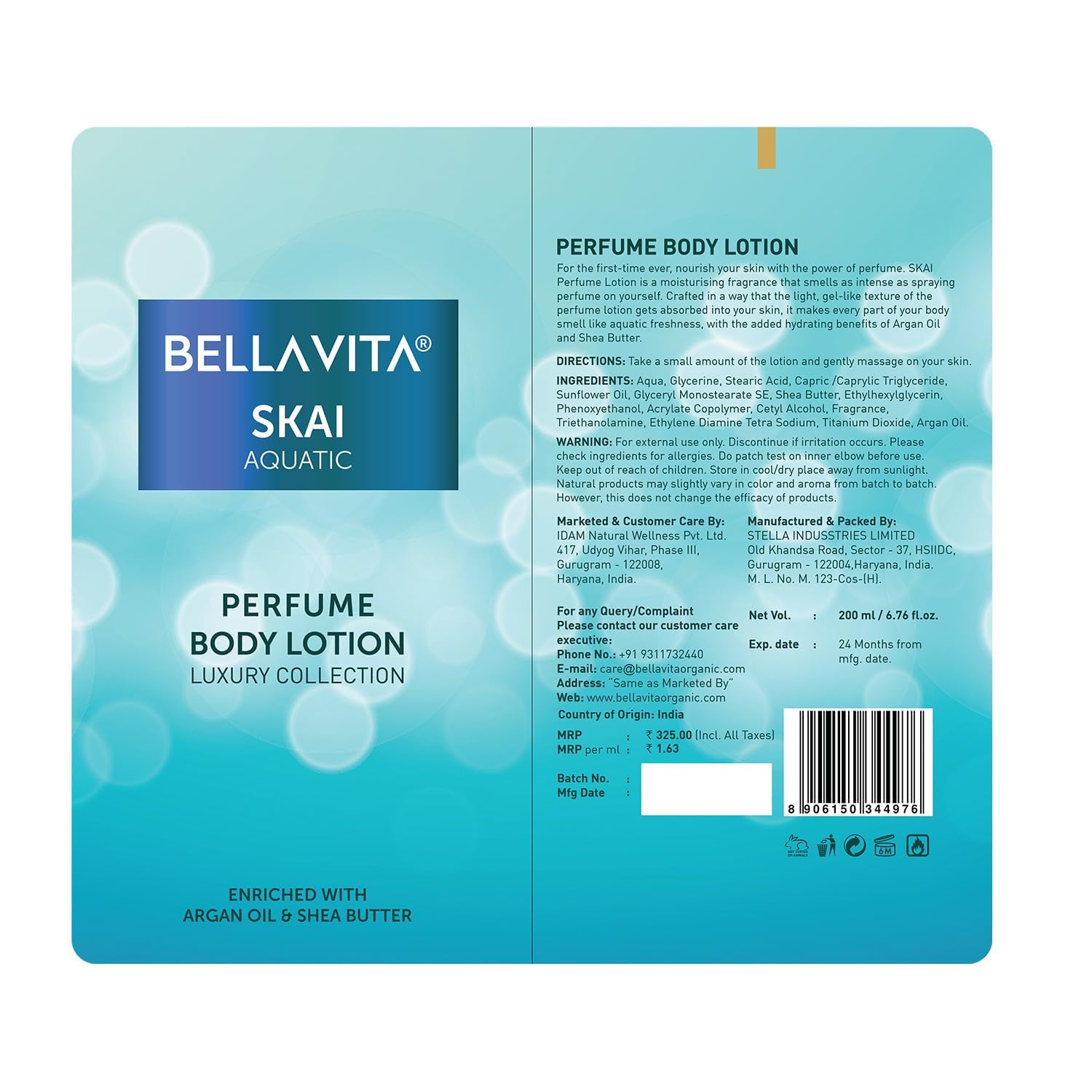 Bella Vita Luxury Skai Aquatic Perfume Body Lotion - Hydrating & Nourishing Moisturizer with Argan Oil & Shea Butter for Soft, Supple Skin (200ml) | Perfect for Daily Use, Spa Days & Gift Giving