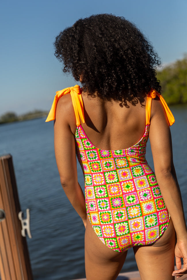 Sweet Life Multi Tie Strap Crochet Print One Piece Swimsuit - Women's Stylish Bathing Suit for Beach, Pool & Vacation | Trendy Summer Swimwear Sale