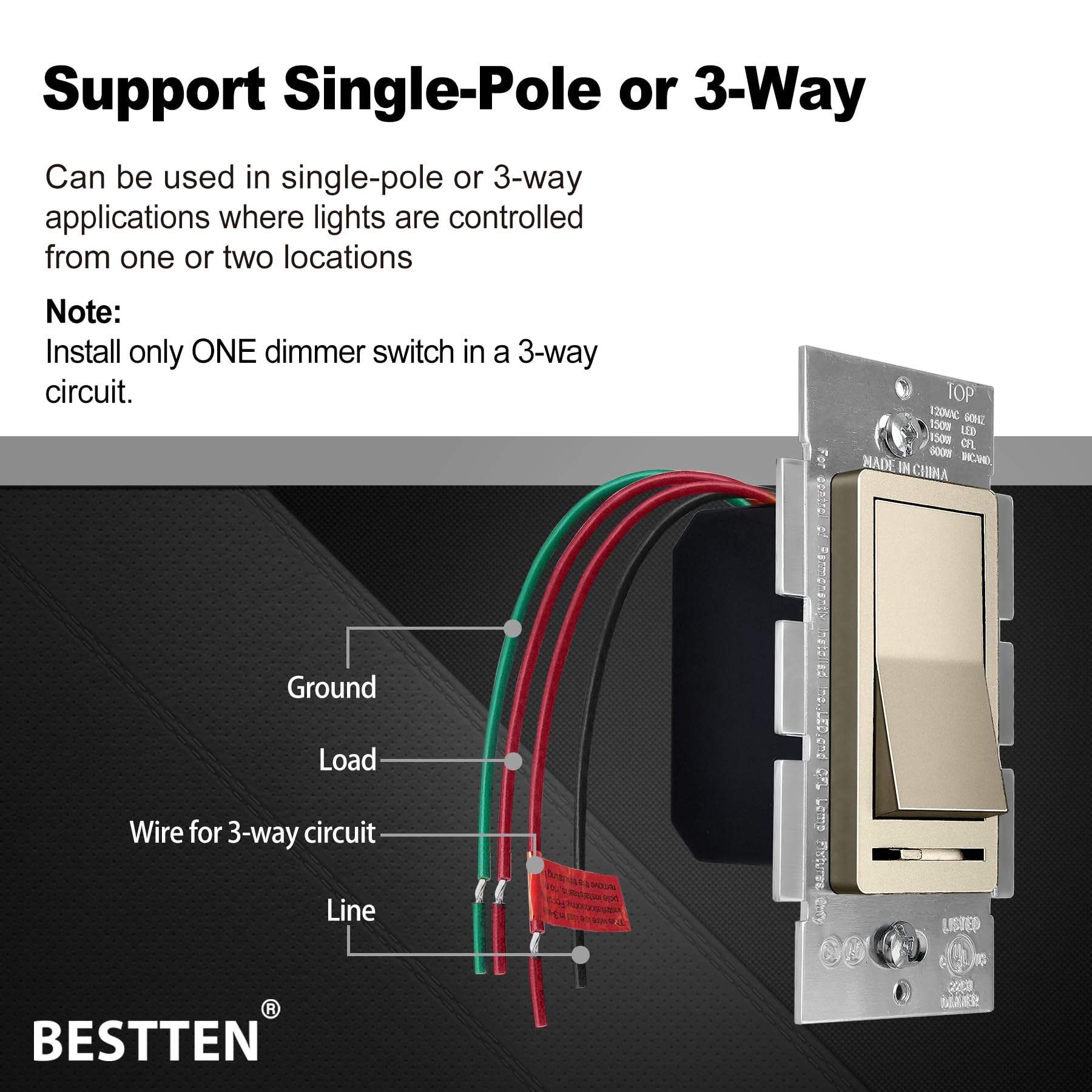 BESTTEN 10 Pack Matte Champagne Gold Dimmer Light Switch - Single Pole/3-Way - Works with Dimmable LED, CFL, Incandescent & Halogen Bulbs - 120VAC - UL Listed - Perfect for Living Room, Bedroom & Dining Room Lighting Control
