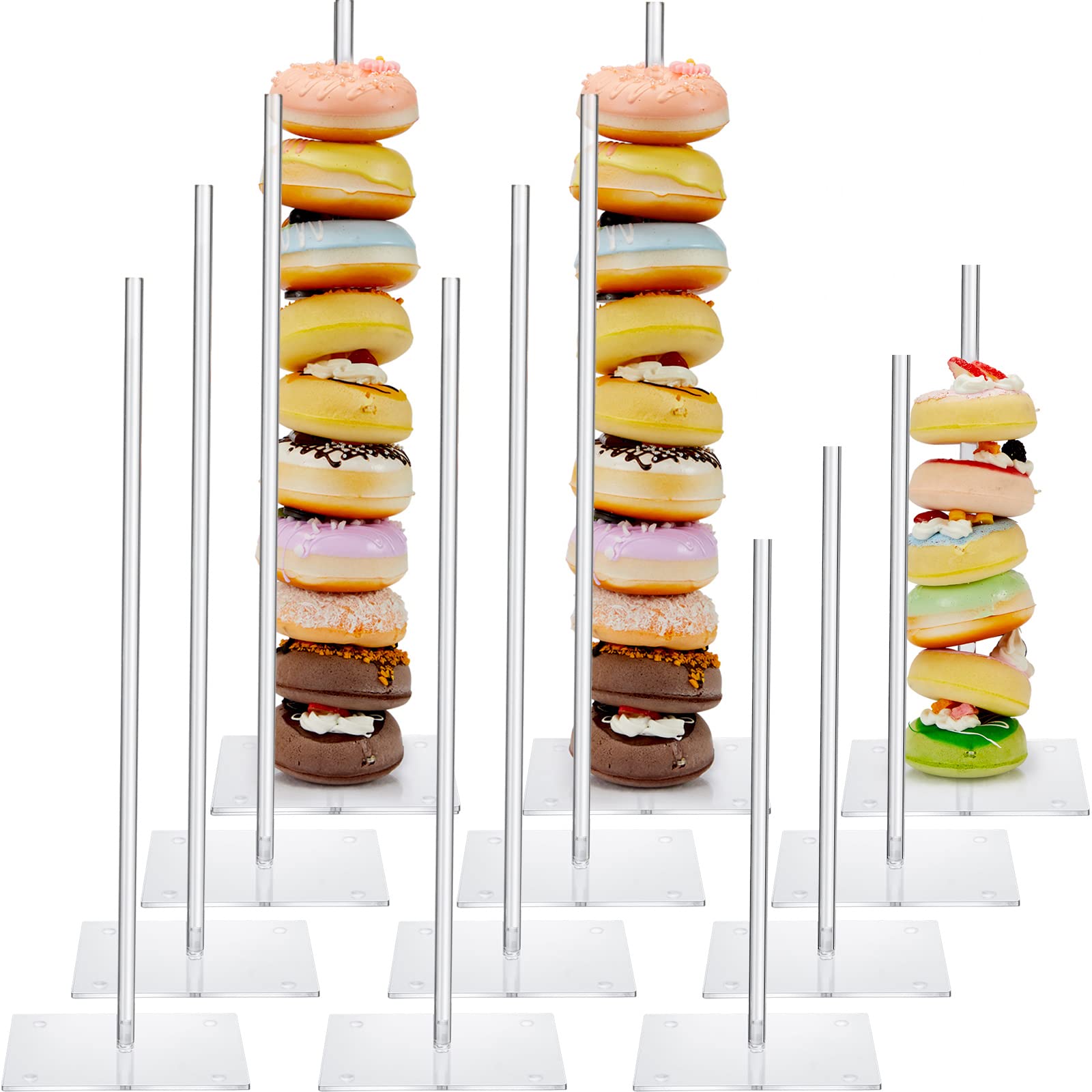 12 Pack Acrylic Donut Stands - 15.4 Inch & 10 Inch Clear Donut Display Holders with Removable Tower for Bagels, Cupcakes - Perfect for Birthday, Wedding, Baby Shower Party Decor & Bakery Display