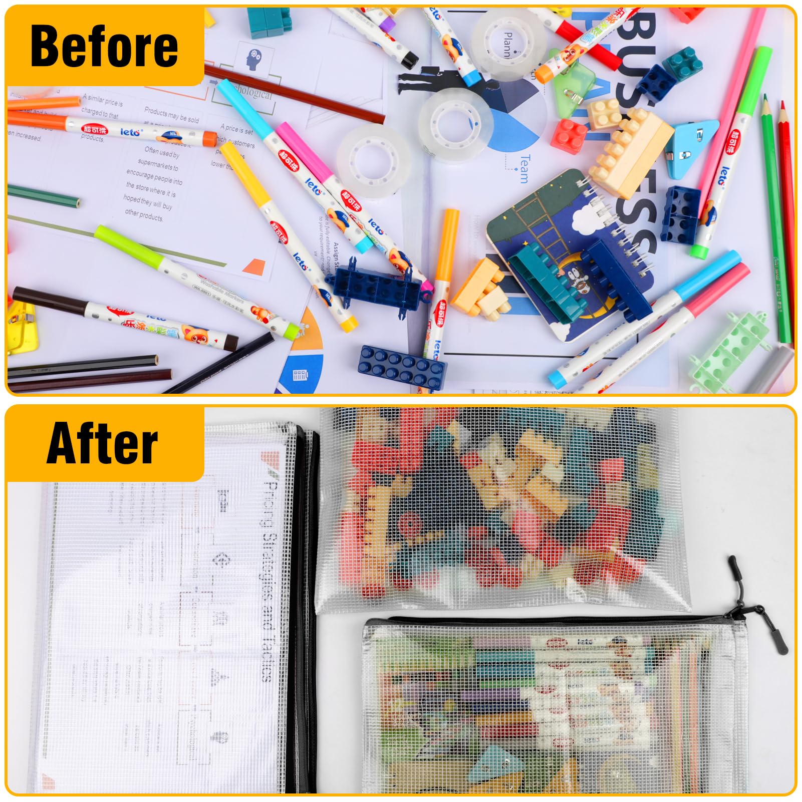 24-Piece Large Mesh Zipper Pouch Organizer Set - Reusable File Storage Bags for Classroom Supplies, Board Games, Puzzles & Travel Accessories - Black Mesh Zippered Pouches (Perfect for School, Office & Home Organization)