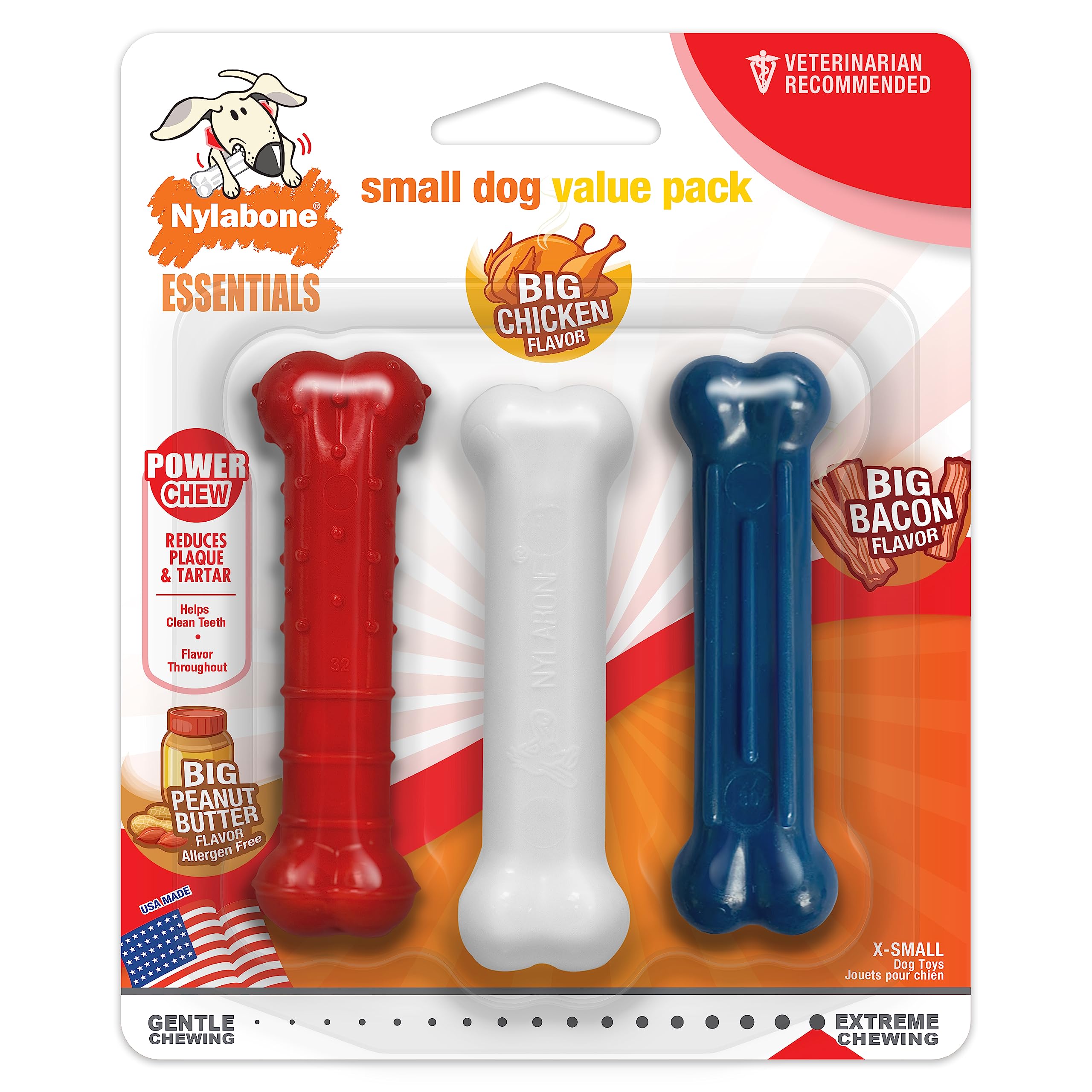 Nylabone Power Chew Small Dog Chew Toys Value Pack - Peanut Butter, Bacon & Chicken Flavored X-Small/Petite for Dogs Up to 7kg (3 Count) | Durable Puppy Teething Toy for Aggressive Chewers, Interactive Play & Dental Health