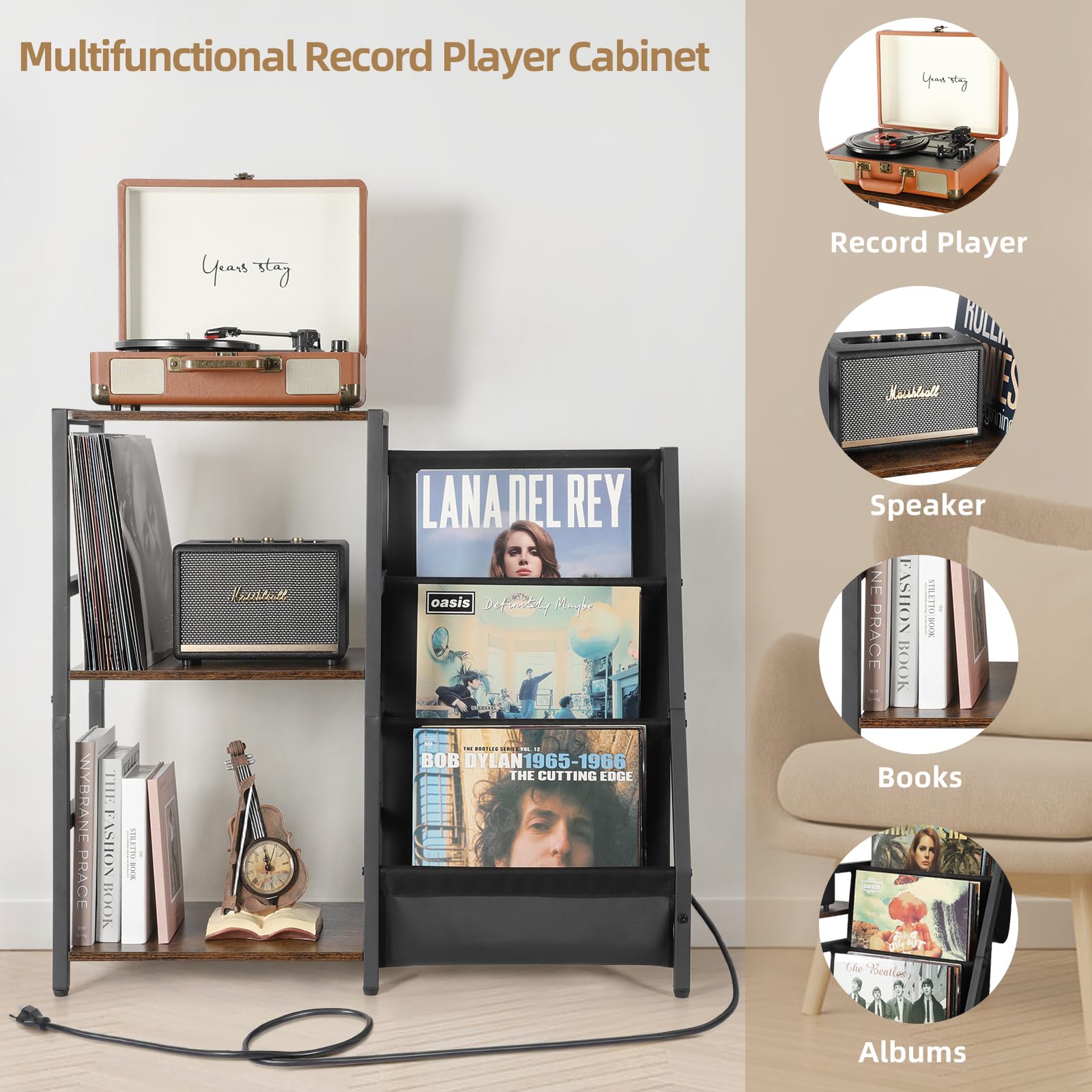 Bikoney 3-Tier Vinyl Record Player Stand with Power Outlet - Turntable Storage Cabinet Holds 200+ Albums, Vinyl Record Shelf & Holder for Living Room, Bedroom & Home Theater