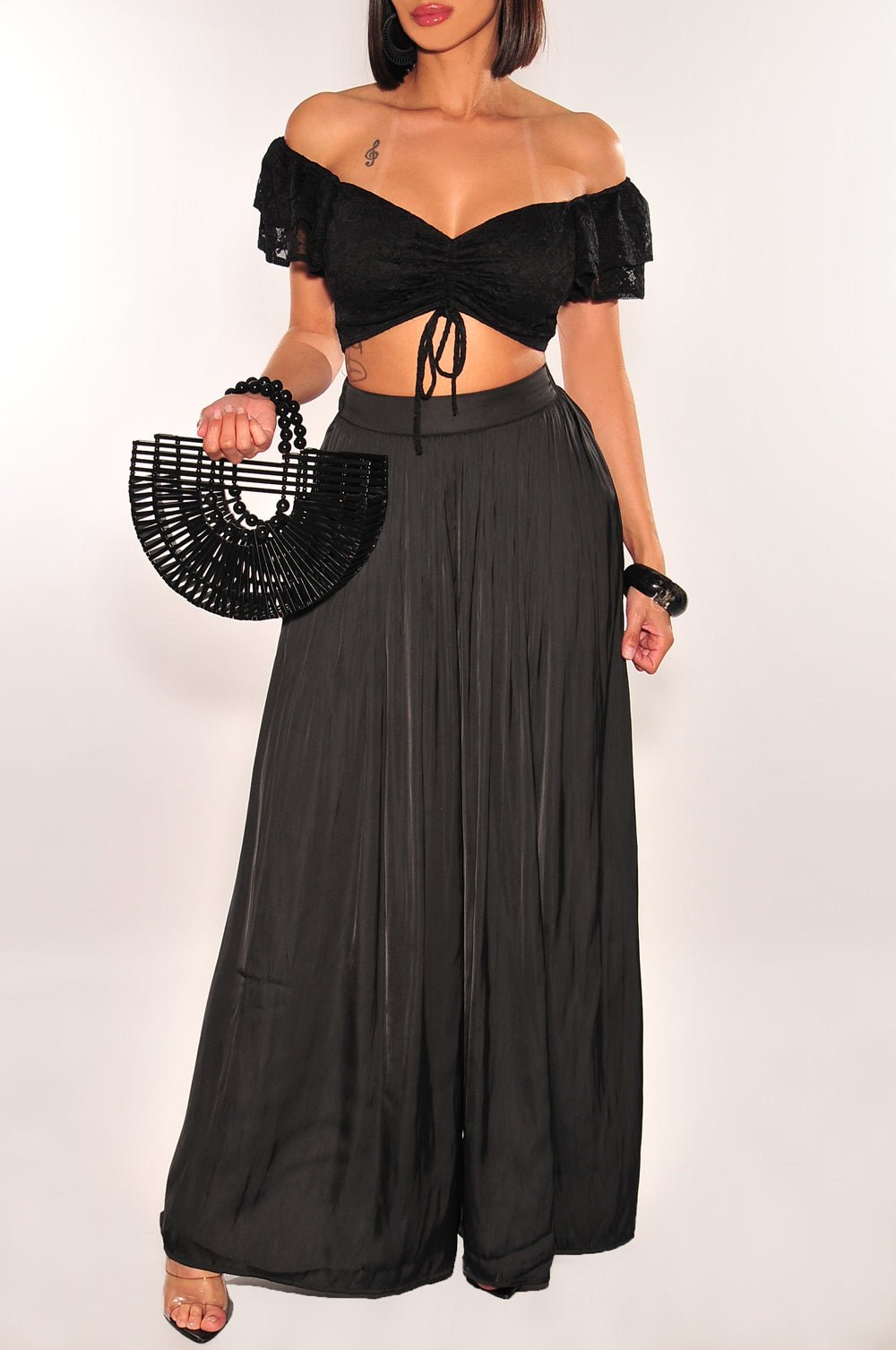 Black Floral Lace Ruffle Sleeve Tie-Up Ruched Crop Top Women's Fashion Blouse - Perfect for Date Night, Party & Summer Outfits