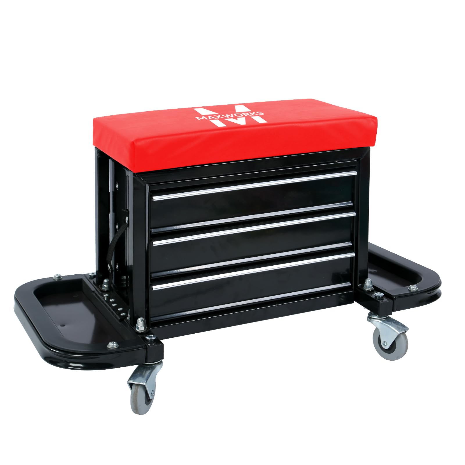 MaxWorks MW-0206 Heavy Duty 3-Drawer Rolling Shop Stool with Padded Seat Cushion - 350 lbs Capacity Tool Storage Chest for Garage, Workshop & Industrial Use - Smooth Ball Bearing Drawers for Easy Access