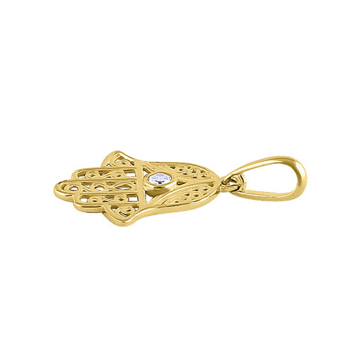 14K Solid Yellow Gold Hamsa Pendant with CZ Stones - Elegant Hand of Fatima Necklace for Protection & Spiritual Jewelry Gift