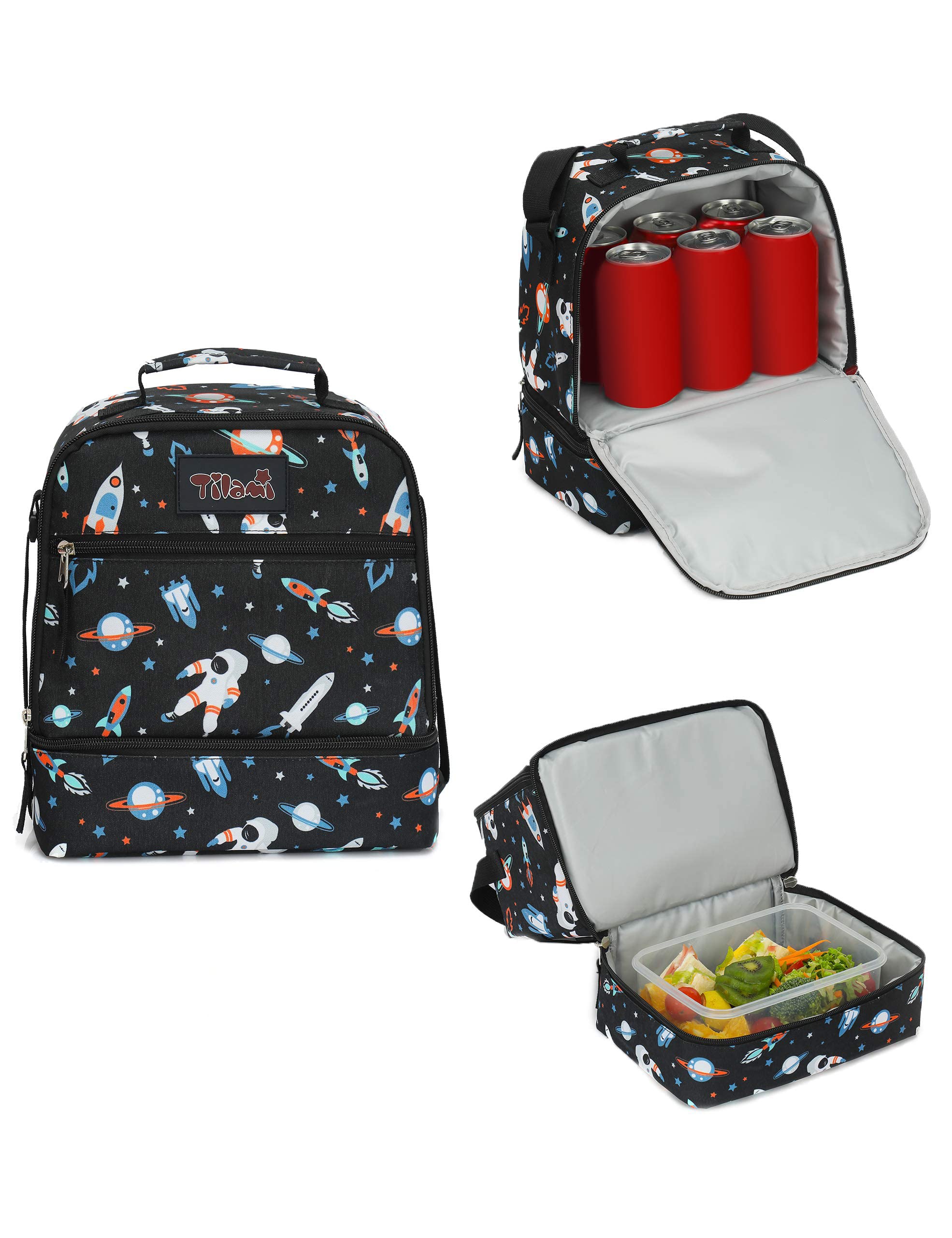 Tilami Insulated Lunch Bag with Adjustable Strap & Zipper - 2 Compartment Cooler Bag for Kids & Toddlers, Space Astronaut Design - Perfect for School, Picnics & Outdoor Activities