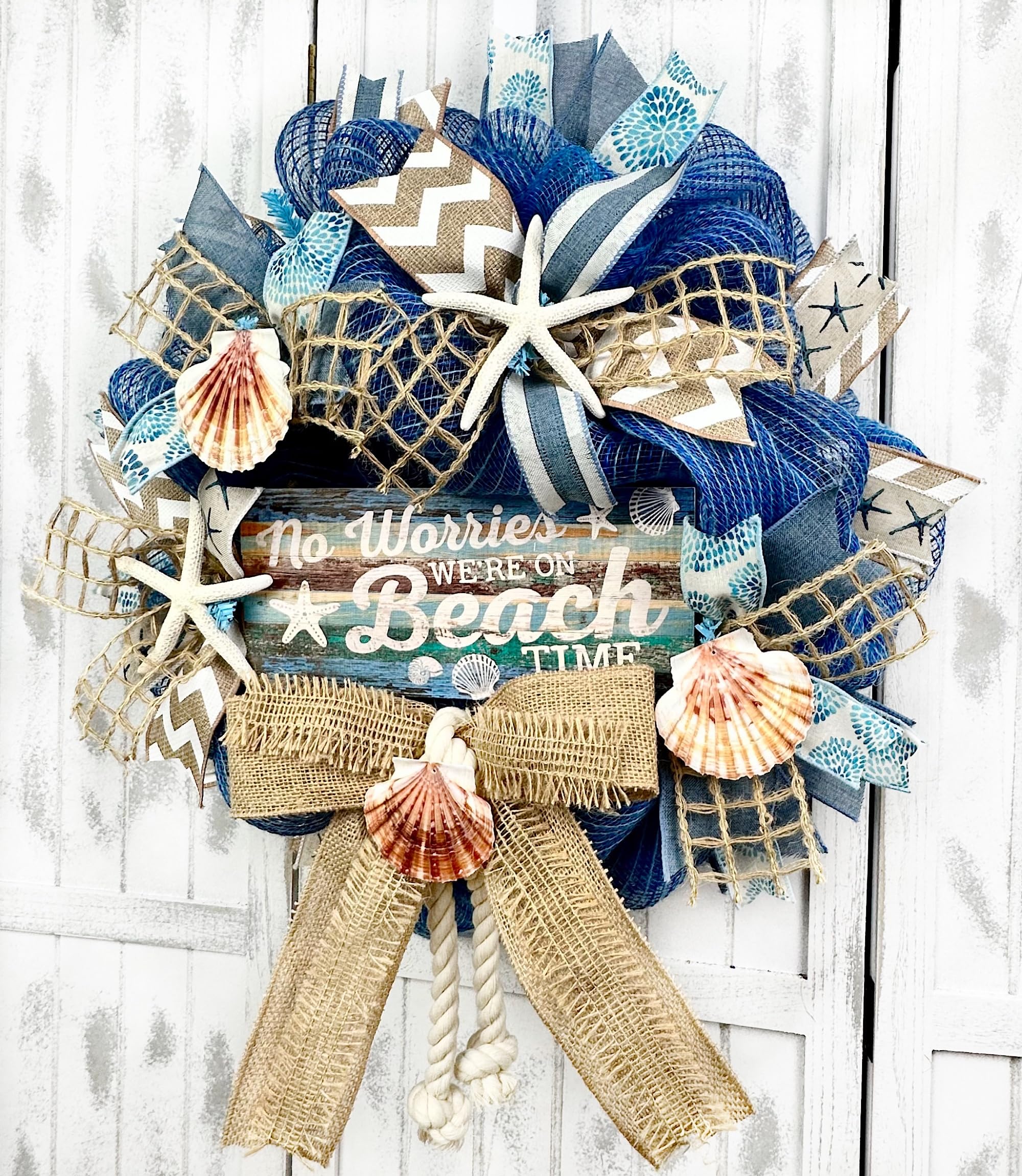 Handmade Blue Burlap Coastal Wreath with Nautical Rope, Starfish & Seashells - 'No Worries We're On Beach Time' Decor for Beach House, Porch or Tropical Home Décor