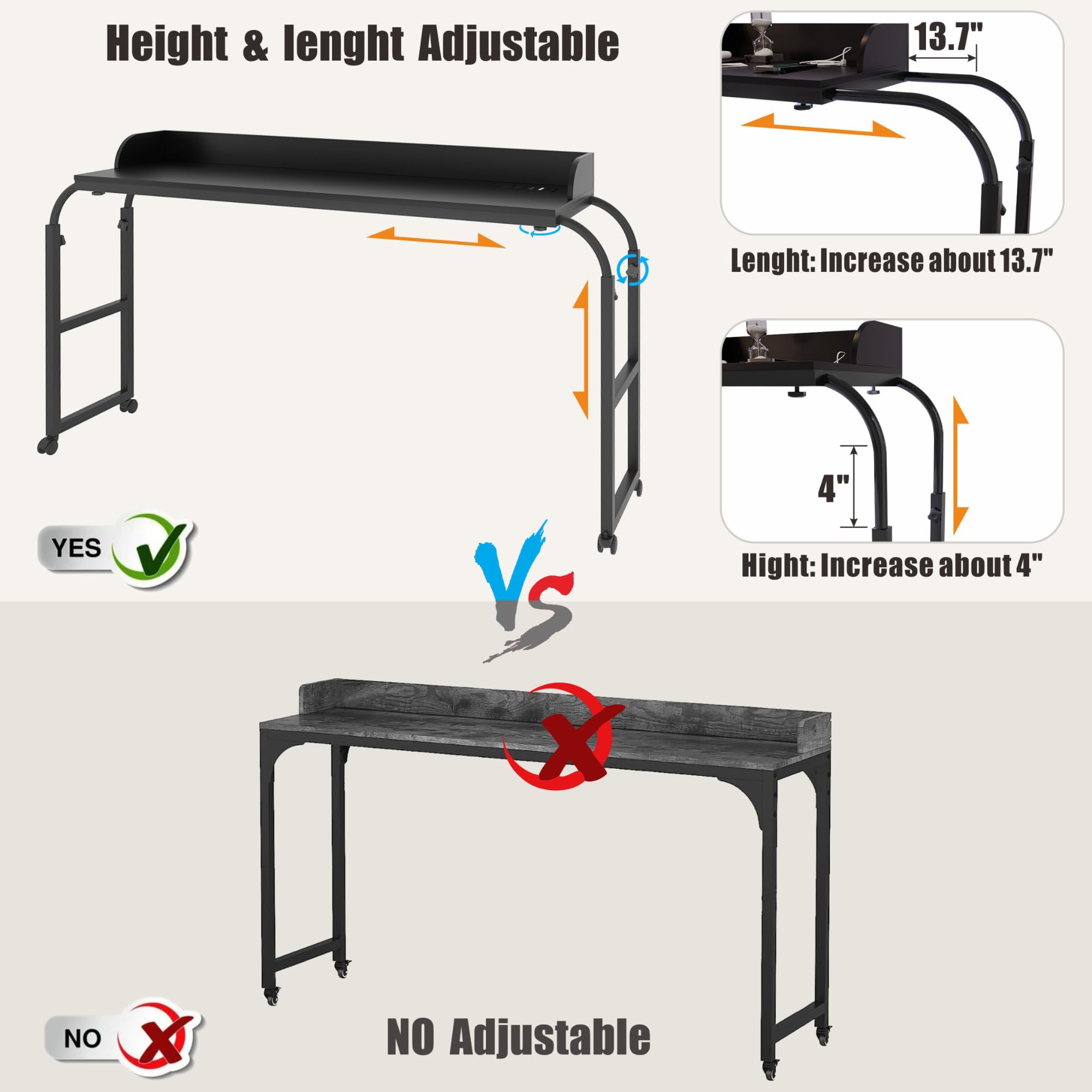 Auto-Sensor LED Over Bed Desk with Wheels - Adjustable Height Rolling Tray Table with Charging Station - Side Table for Laptop, Writing & Living Room Use - Perfect for Home Office, Bedroom & Small Spaces (Black)