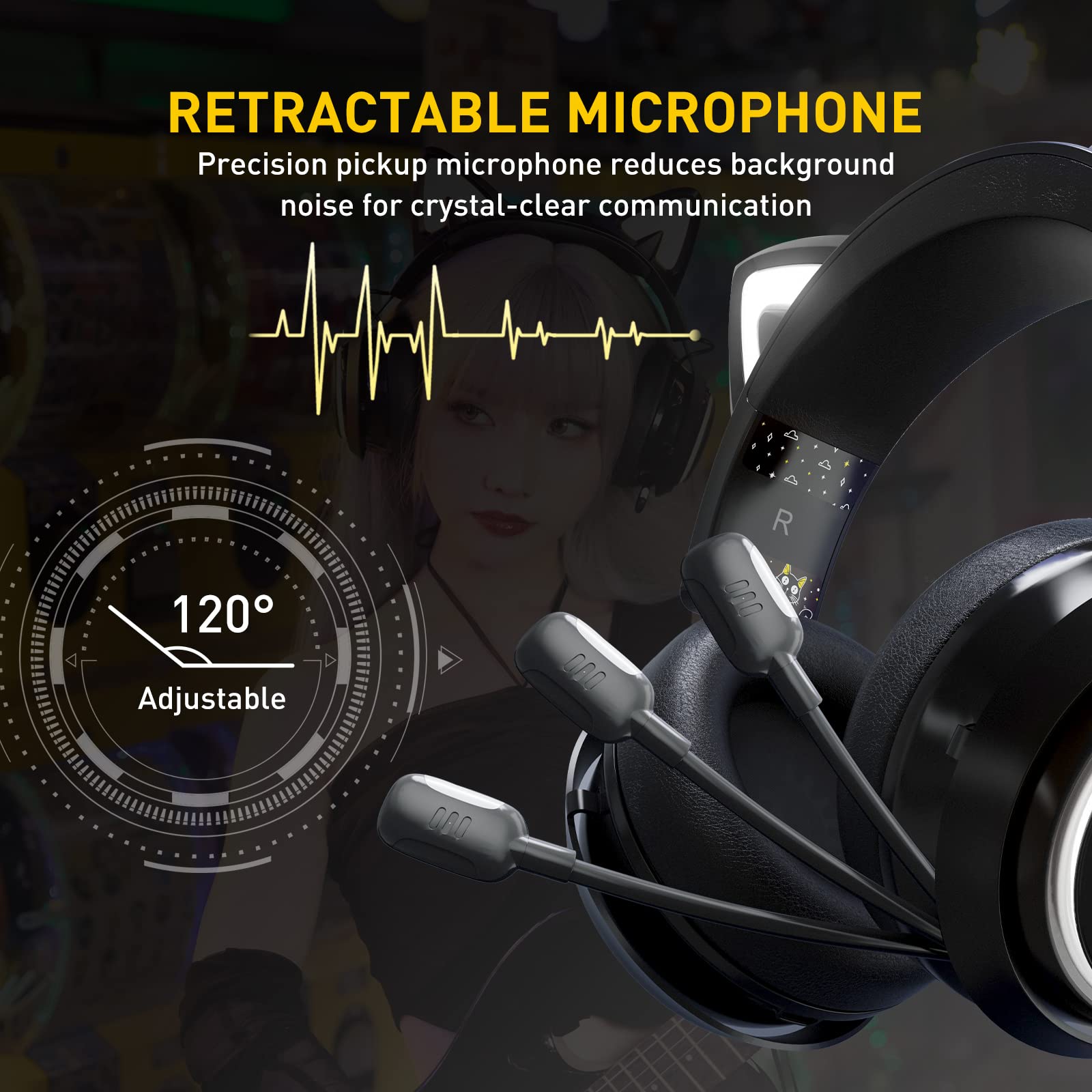 SOMiC GS510 Cat Ear Gaming Headset with Retractable Mic - 3.5mm Wired Noise Cancelling Headphones for Xbox One, PS5, PS4, PC (Black) - Perfect for Live Streaming, Gaming & Online Classes