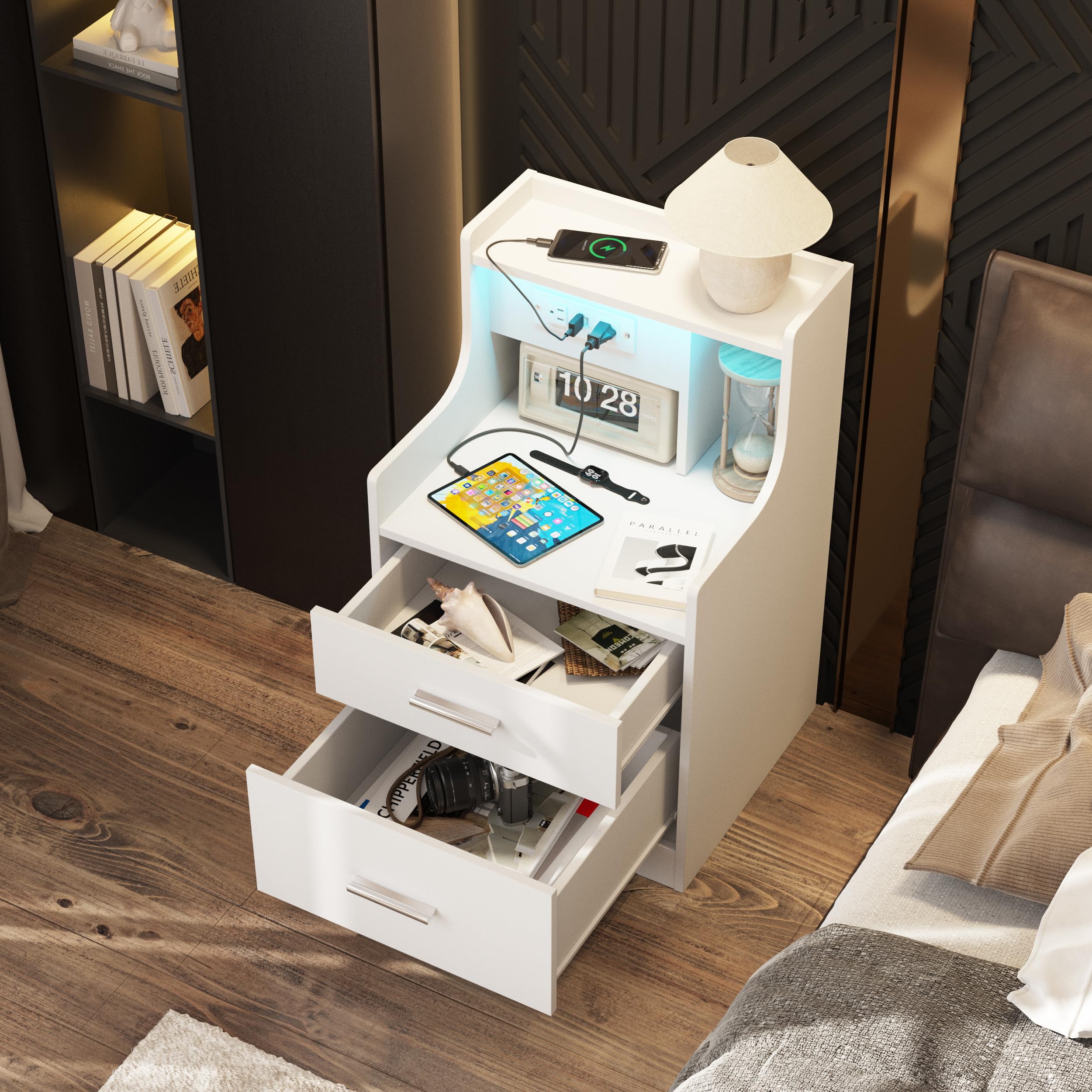 White Nightstand with Charging Station & LED Lights - 2 Drawers Bedside Table for Kids Bedroom & Living Room - Perfect for Toddlers' Bedside Storage