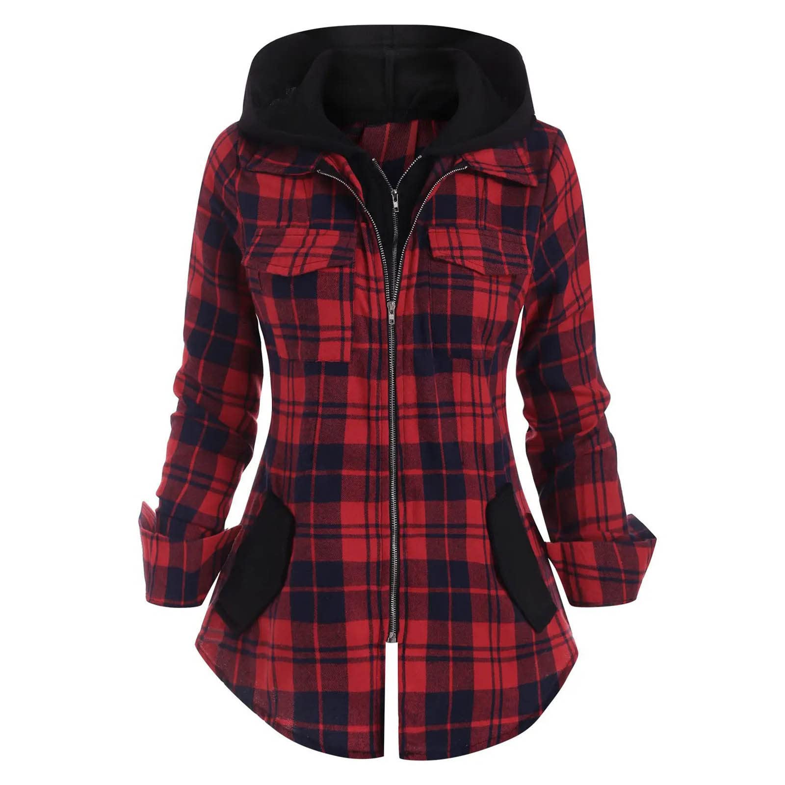 Women's Casual Long Sleeve Plaid Pocket Hooded Zipper Sweater Shirt - Christmas Jumper Santa Xmas Sweatshirt for Ladies (UK Size) - Perfect for Holiday Parties, Winter Outfits and Casual Wear