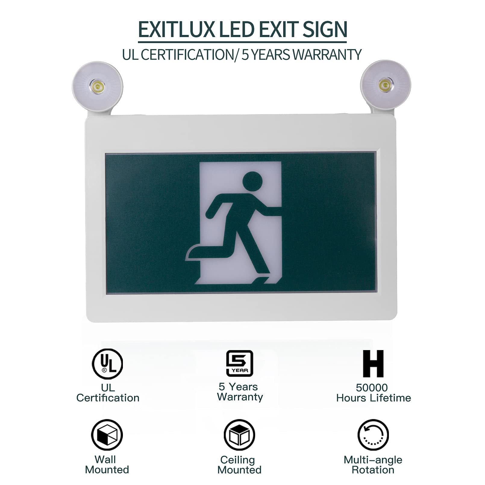 EXITLUX 2-Pack Green LED Emergency Exit Signs with Backup Batteries - Adjustable Dual-Head Exit Lighting, Double-Sided 120/347VAC - Running Man Symbol - Ideal for Commercial Buildings, Warehouses & Emergency Exits