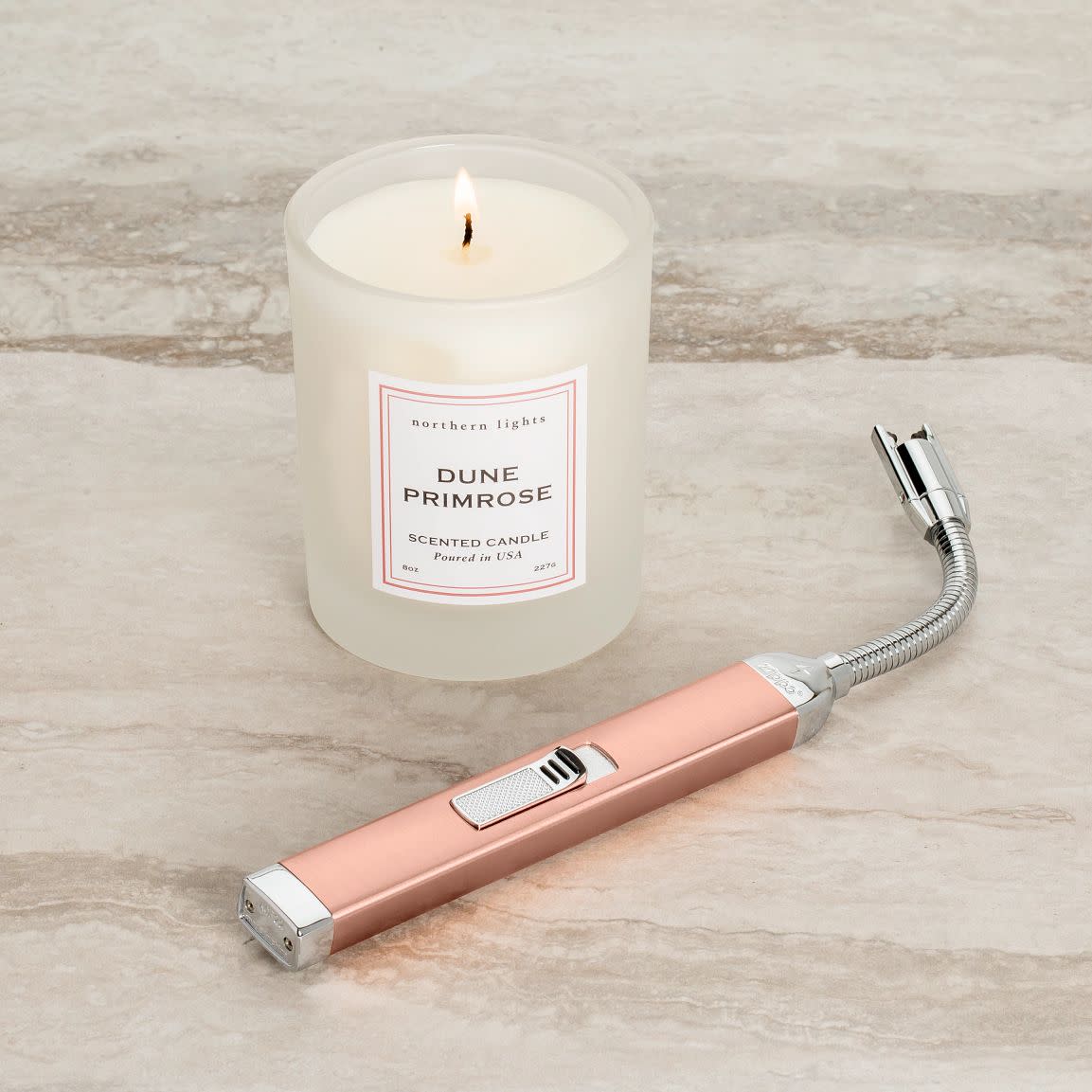 Rose Gold Rechargeable Candle Lighter with 8 oz Dune Primrose Scented Candle - Elegant Flameless Gift Set for Home, Wedding & Romantic Decor
