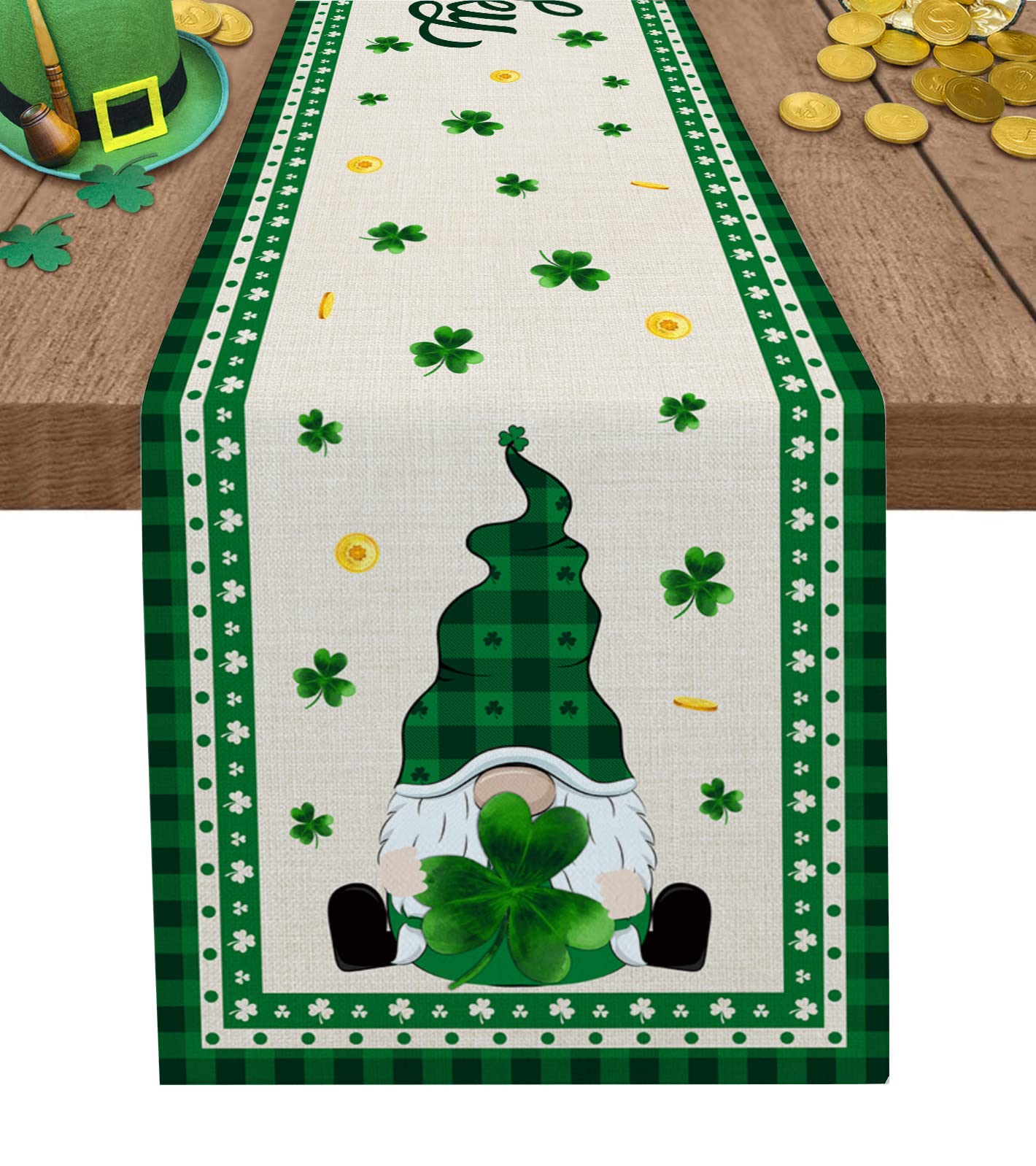 St. Patrick's Day Table Runner - 13x72 Inch Shamrock Gnome Table Decor, Lucky Green Rustic Kitchen Dinner Setting for Spring Celebrations & Irish Themed Parties