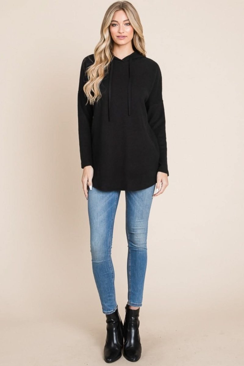 BOMBOM Contrast Drawstring Drop Shoulder Knit Hoodie for Women - Stylish Oversized Pullover Sweatshirt | Perfect for Casual Wear, Street Fashion & Loungewear