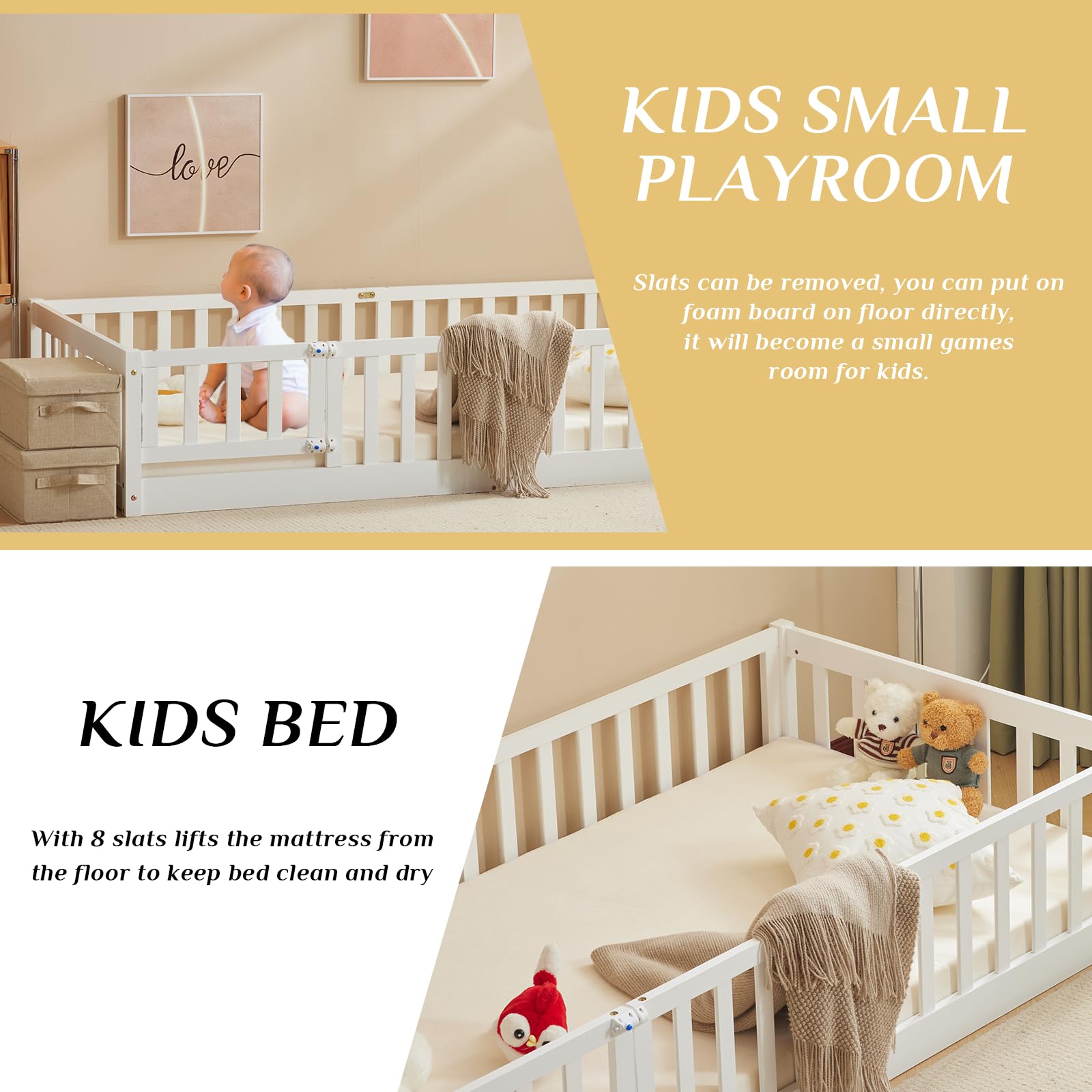 Montessori Toddler Floor Bed with Safety Door & Fence - Solid Wood Queen Bed Frame for Kids, 12 Slats & Guardrails - Perfect for Girls & Boys Bedroom (White) | Safe Sleep Solution for Montessori & Daycare Use