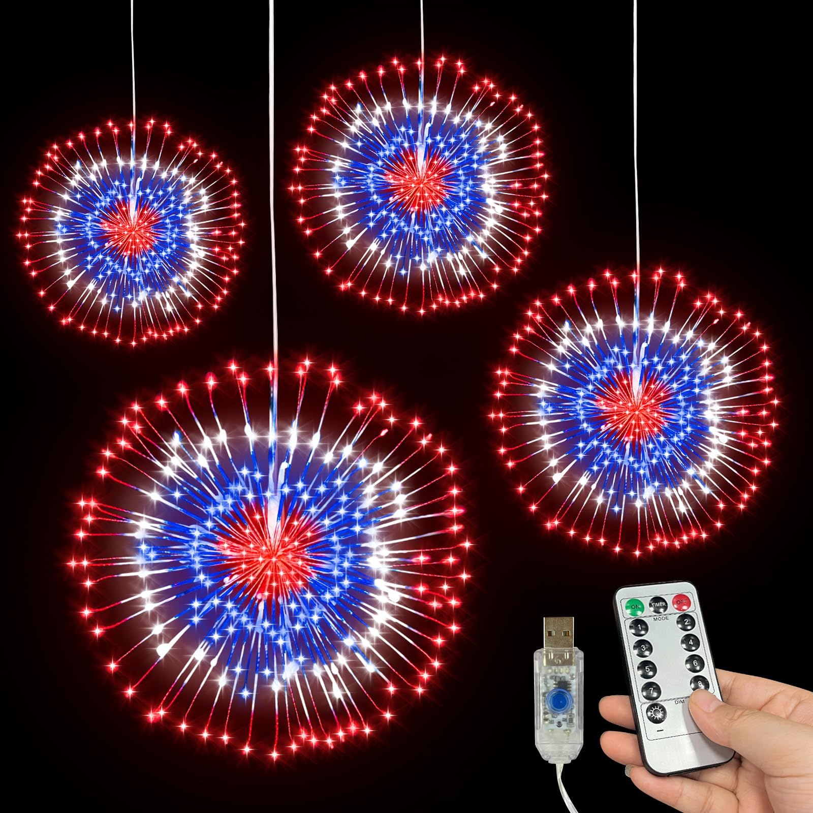 2 Pack Patriotic LED Firework Lights - 240 Red White Blue Battery Operated Waterproof Starburst Lights with Timer & 8 Mode Remote for 4th of July, Memorial Day Decorations - Perfect for Outdoor Parties, Backyard Celebrations and Independence Day Festivities