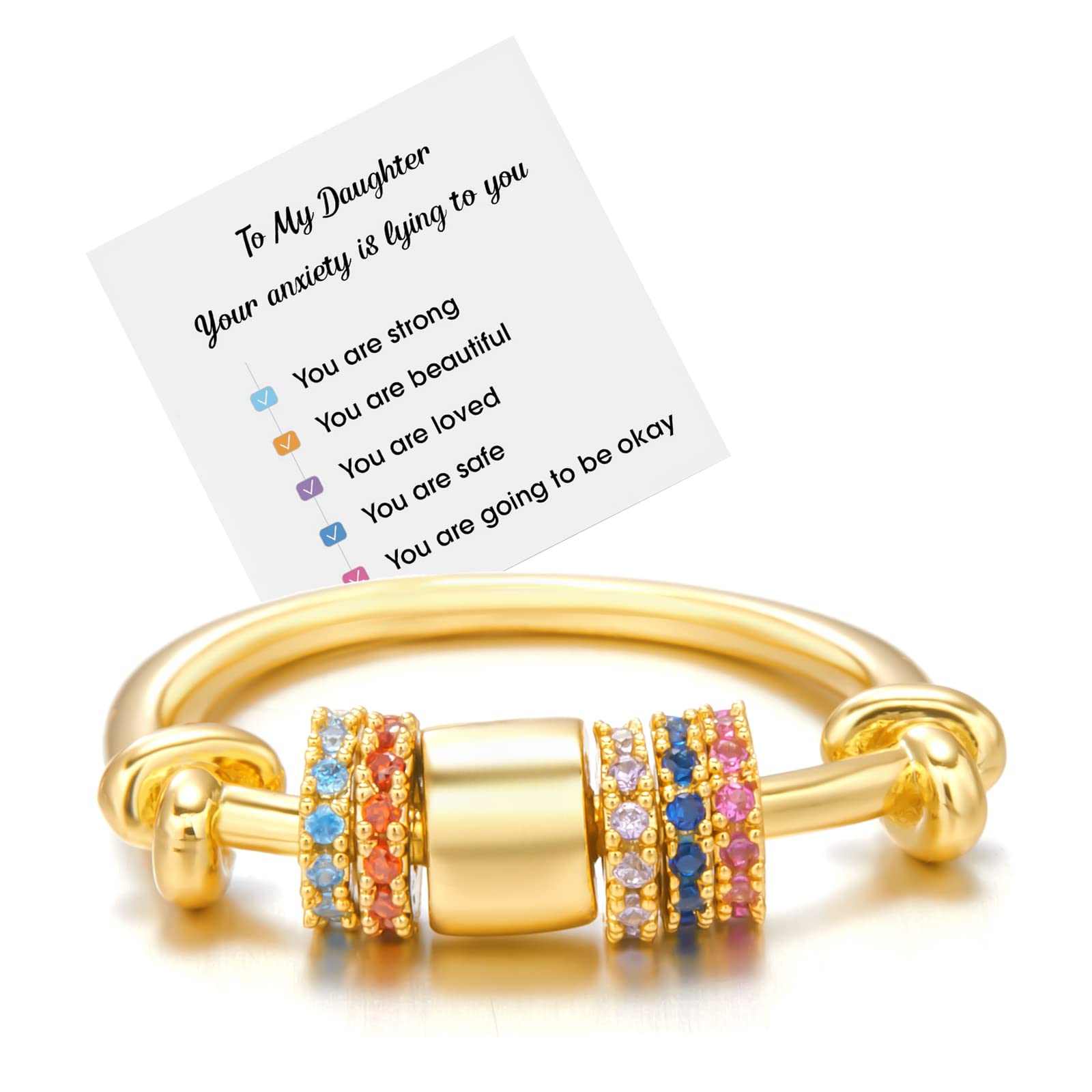 To My Daughter Fidget Ring for Anxiety Relief - Adjustable Spinner Ring with Colorful Beads - Meditation & Stress Relief Jewelry Gift for Women & Teens - Perfect for ADHD, Anxiety & Focus - Size 10