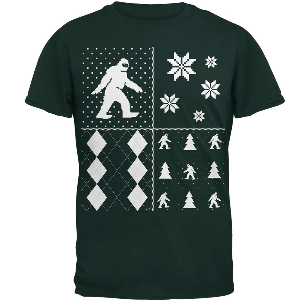 Old Glory Sasquatch Ugly Christmas Sweater Forest Print Adult T-Shirt - Funny Holiday Party Outfit for Xmas Festive Gatherings