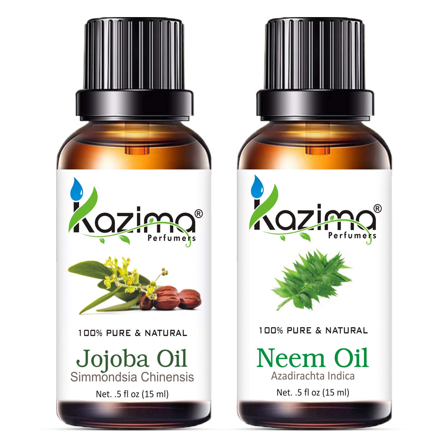 KAZIMA Jojoba Oil & Neem Oil Combo - 100% Pure Cold Pressed Carrier Oils for Acne, Scars, Wrinkles & Hair Growth - 15ml Each - Perfect for Skincare Routine & Natural Hair Care