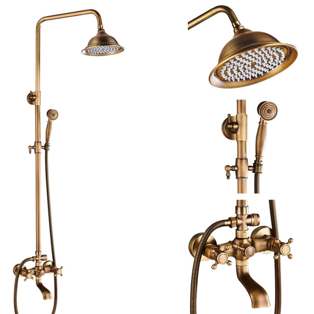 UIOXAIE Antique Brass Shower System - 8 Inch Rainfall Showerhead, Dual Handle Mixer Tap with Swivel Tub Spout (Type B) for Bathroom & Shower | Vintage Style Bath Fixture for Luxurious Spa Experience
