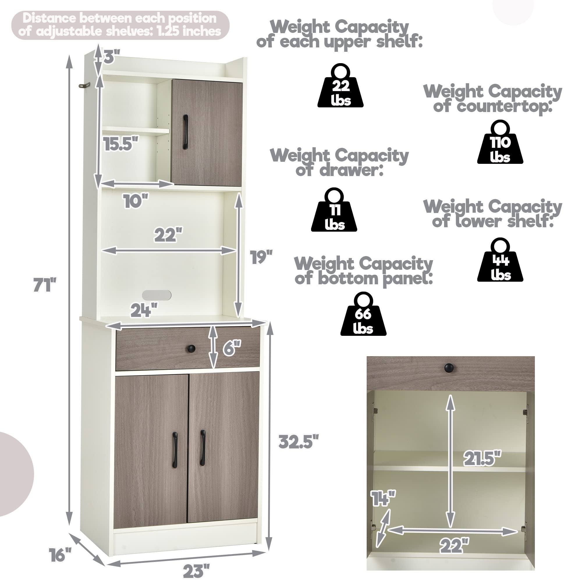 LOKO White Kitchen Pantry Storage Cabinet with Hutch, Doors & Shelves - Compact Microwave Stand & Drawers - 24