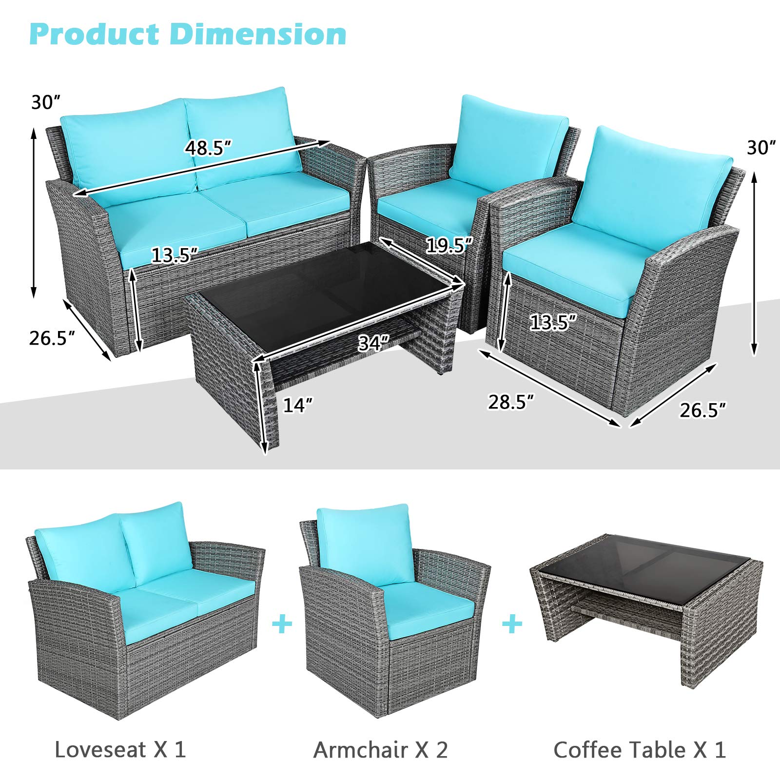 HAPPYGRILL 4-Piece Outdoor Rattan Patio Furniture Set with Cushions & Coffee Table - Wicker Sectional Sofa Conversation Set for Garden, Porch, Balcony, Poolside - Perfect for Relaxing, Entertaining & Outdoor Lounging