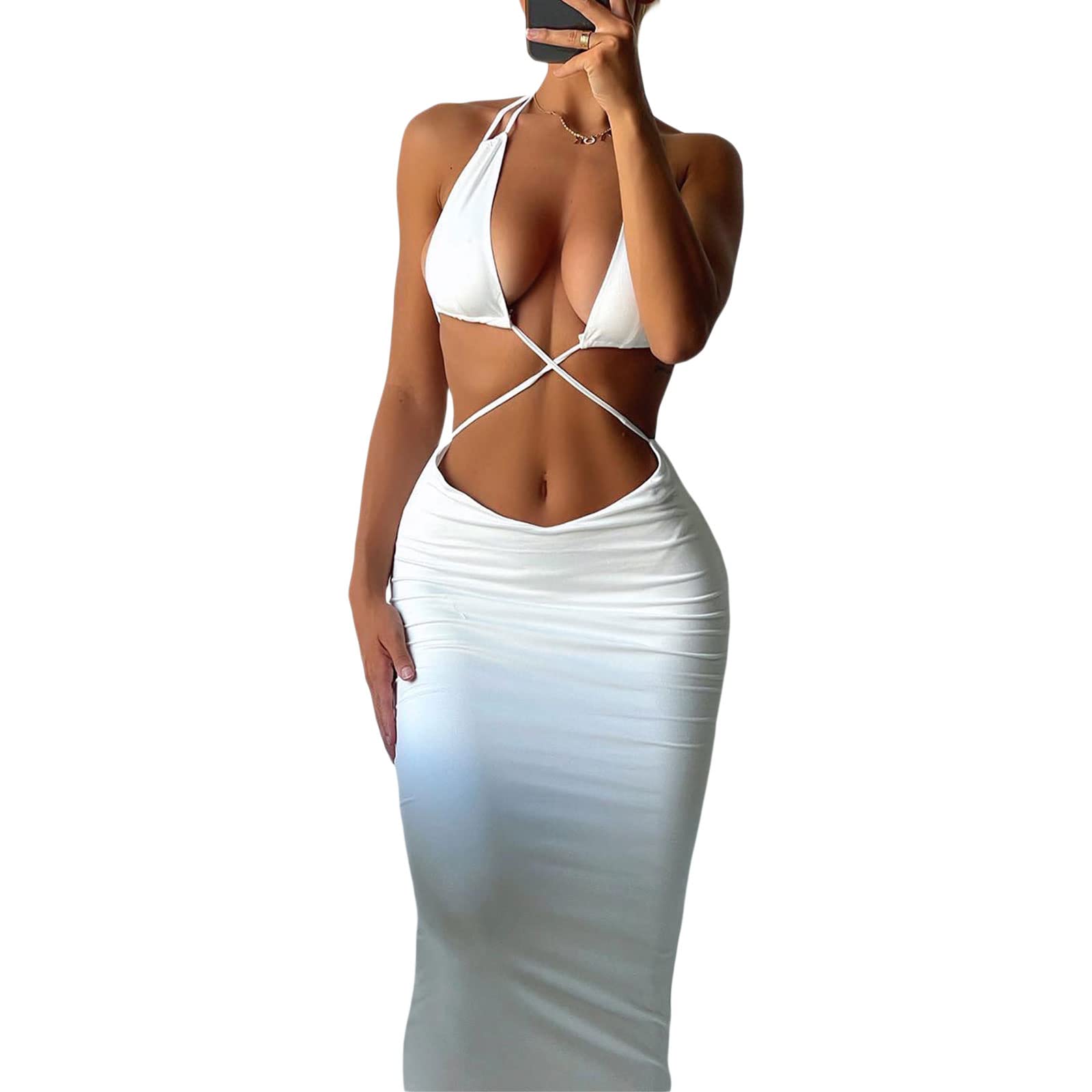 Sexy Backless Long Bodycon Dress for Women - Hollow Out Spaghetti Strap Bandage Maxi Dress with Thigh High Split | Perfect for Evening Party, Club Wear, Date Night and Special Occasions
