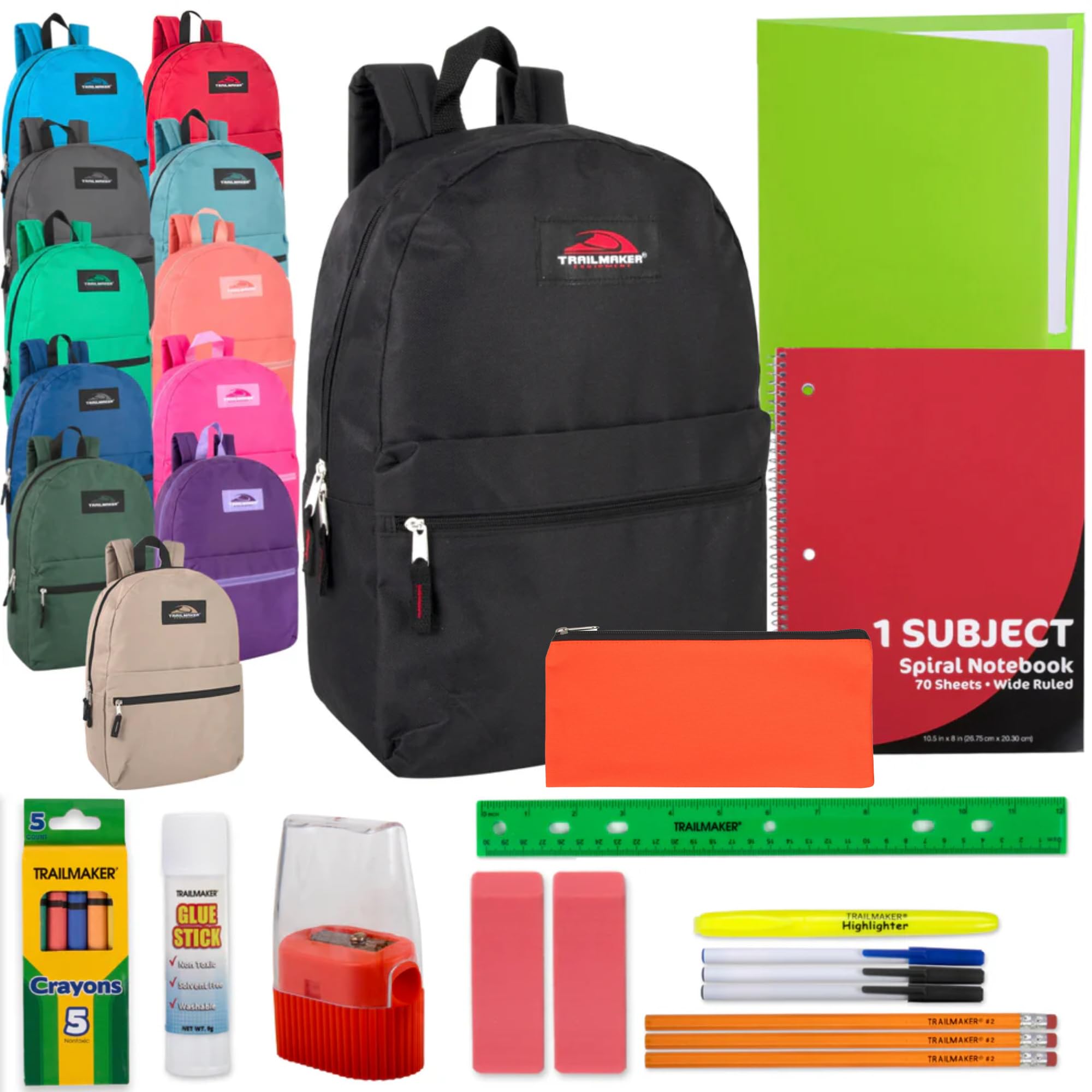 24 Pack Bulk Kids Backpacks with School Supplies - Durable Trailmaker Backpack Set for School, Travel & Outdoor Adventures | Perfect for Students, Camping & Daily Use
