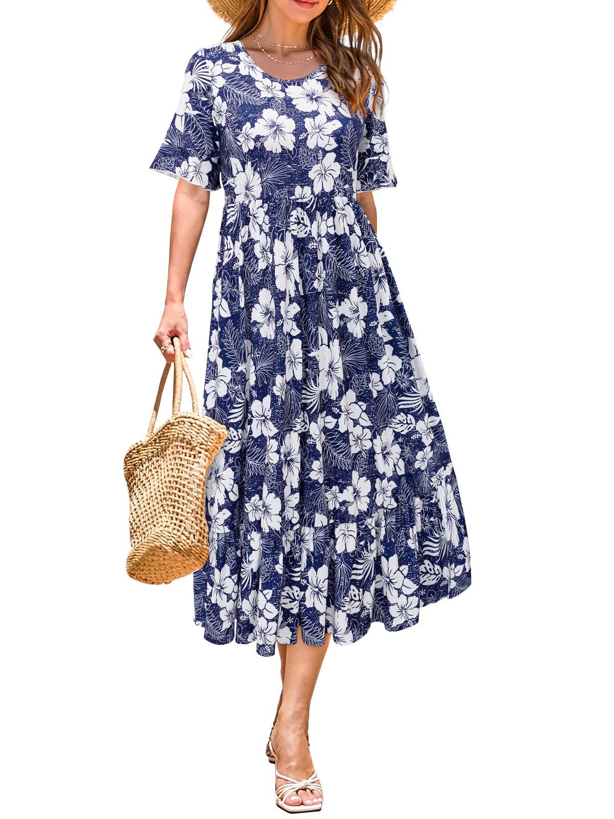 STYLEWORD Women's Summer 2025 Casual Short Sleeve Tiered Flowy Spring Dress - Long Midi Beach Sundress for Vacation, Party, Brunch & Outdoor Activities