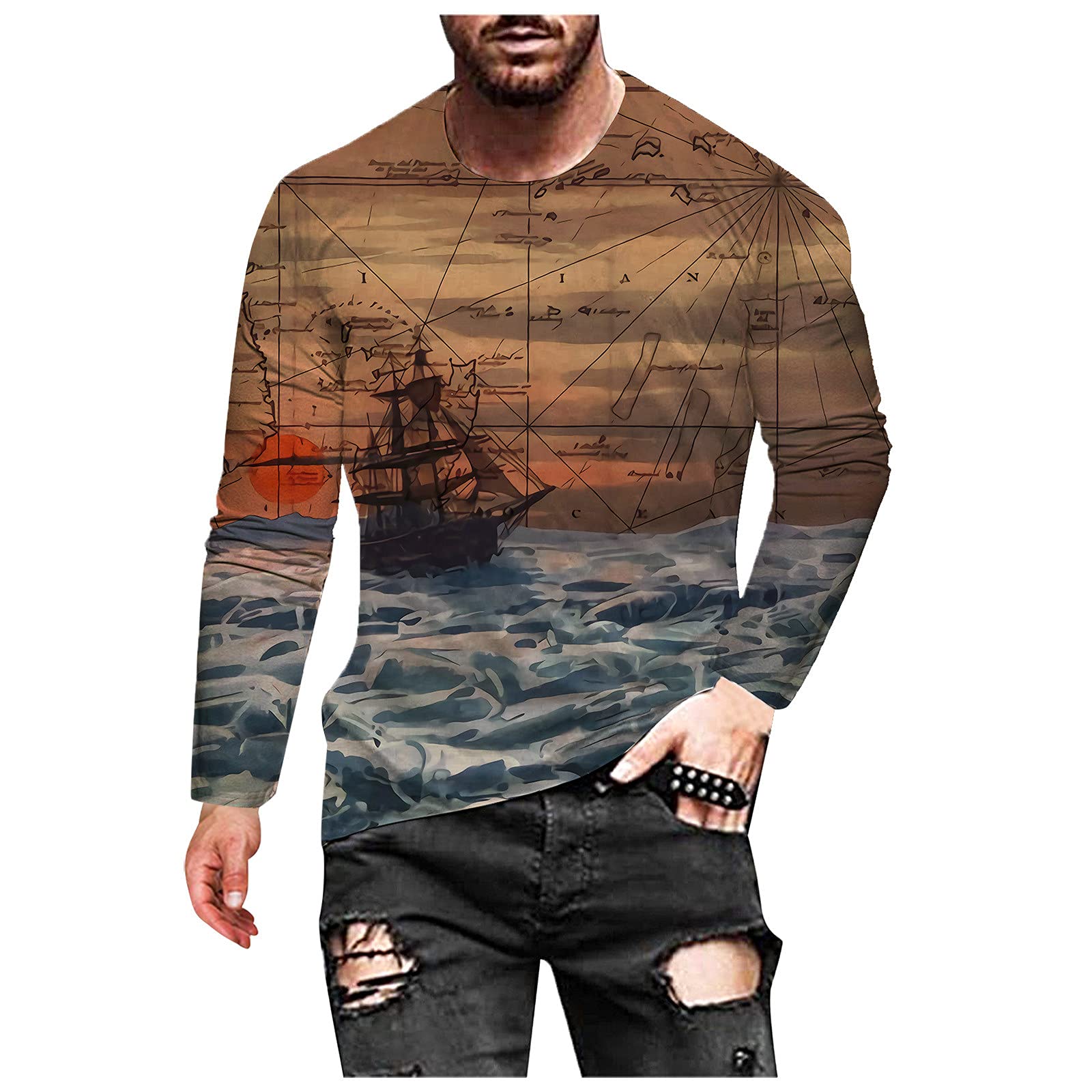 XXBR Men's Vintage Abstract Print Long Sleeve Crewneck T-Shirt - Fall Streetwear, Workout & Athletic Casual Wear - Perfect for Gym, Outdoor Activities and Urban Fashion