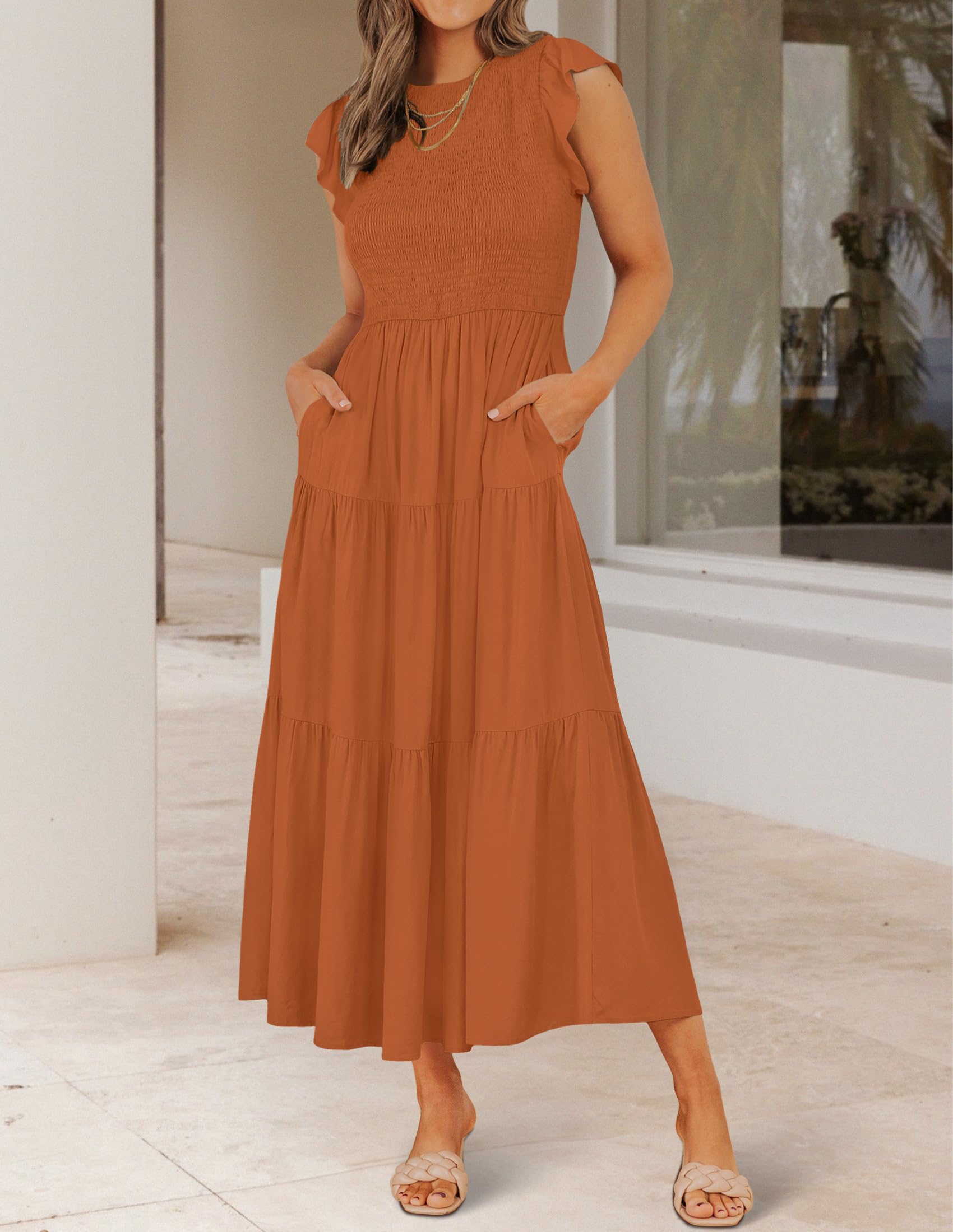 ZESICA Women's Summer Flutter Short Sleeve Smocked Waist Tiered Midi Dress - Casual Crew Neck Elastic Waist Flowy Dress for Beach, Vacation & Everyday Wear