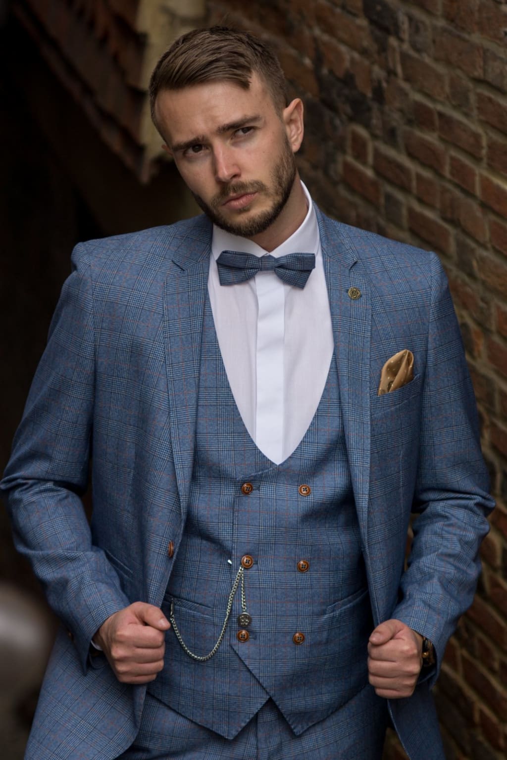 Light Blue Check Three Piece Suit for Men - Marc Darcy George Style Formal Wear | Perfect for Weddings, Business Meetings & Special Occasions