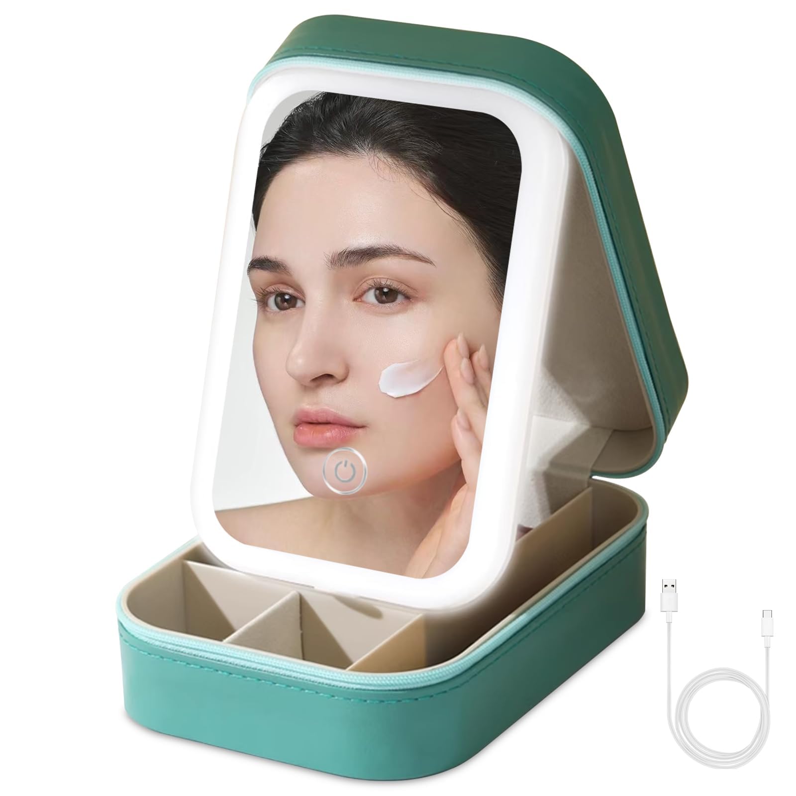 Portable LED Makeup Mirror with 3 Adjustable Light Colors, Dustproof Jewelry Storage Case & Cosmetic Organizer - Multi-Compartment Travel Beauty Case for Women | Perfect for Home, Travel & Vanity Makeup Application
