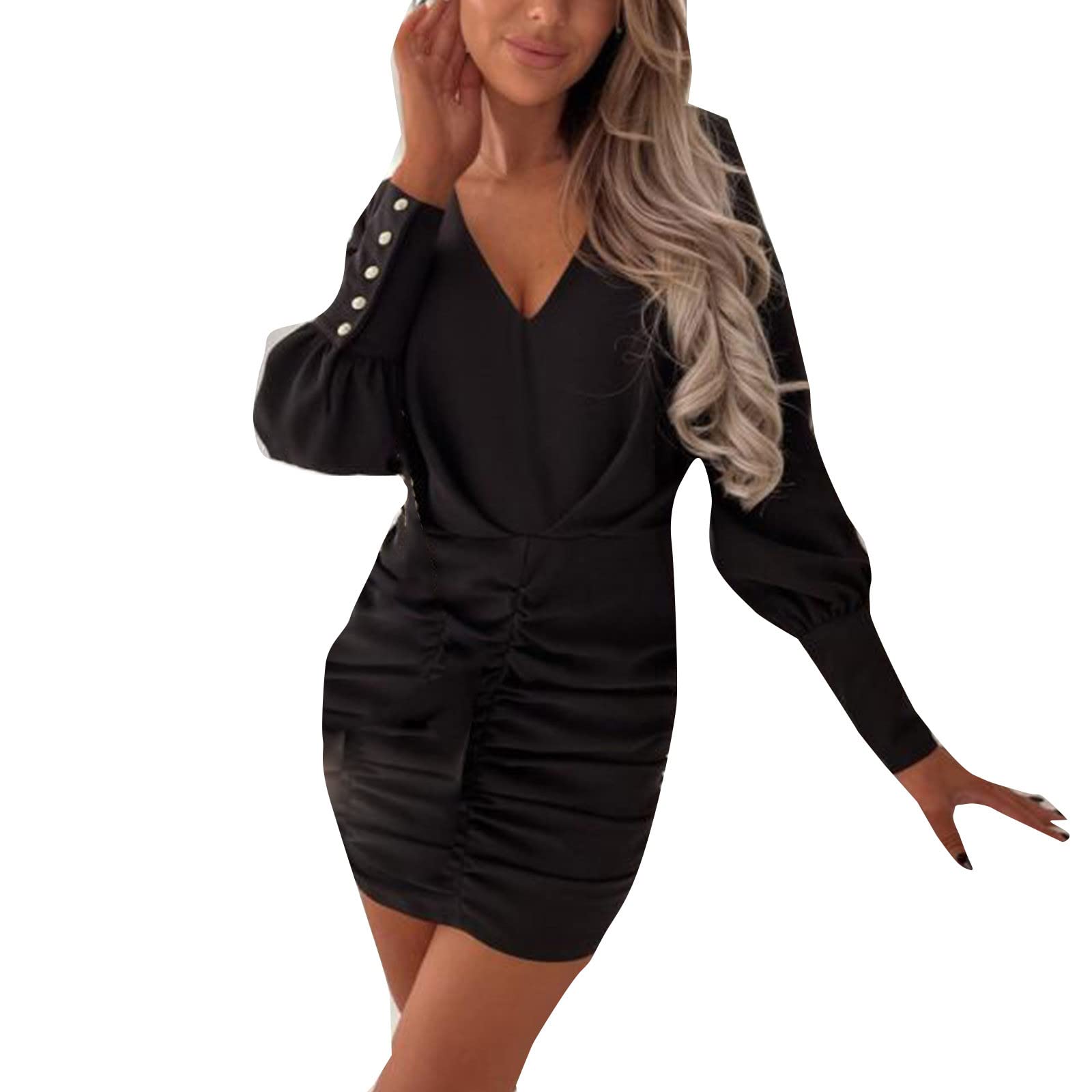 MAYW Women's Sexy Deep V-Neck Long Sleeve Bodycon Ruched Cocktail Party Dress - Elegant Solid Color Midi Dress for Night Out, Date Night & Special Occasions