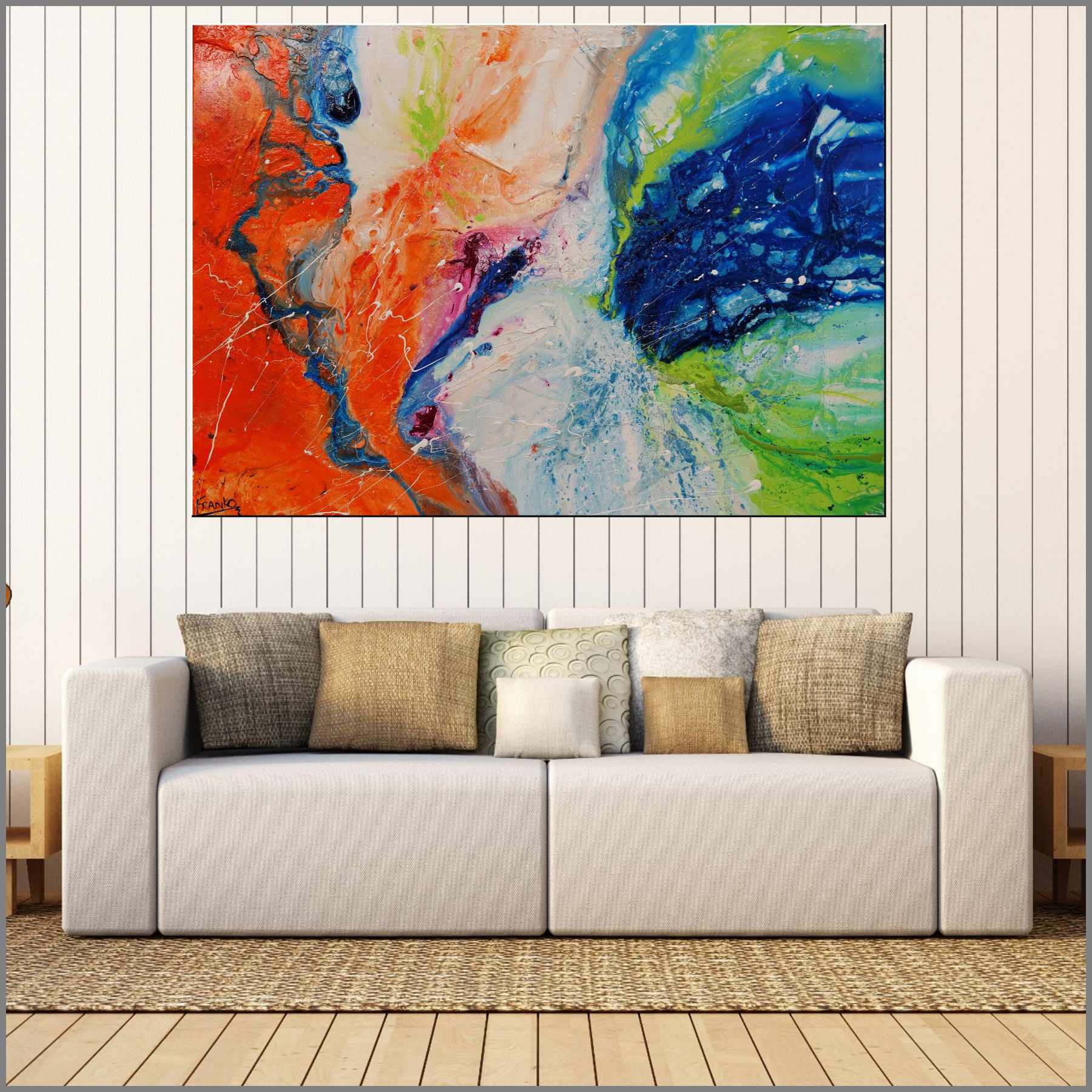 140cm x 100cm Orange Lime Magenta White Textured Abstract Canvas Painting - Modern Wall Art for Living Room, Bedroom & Office Decor