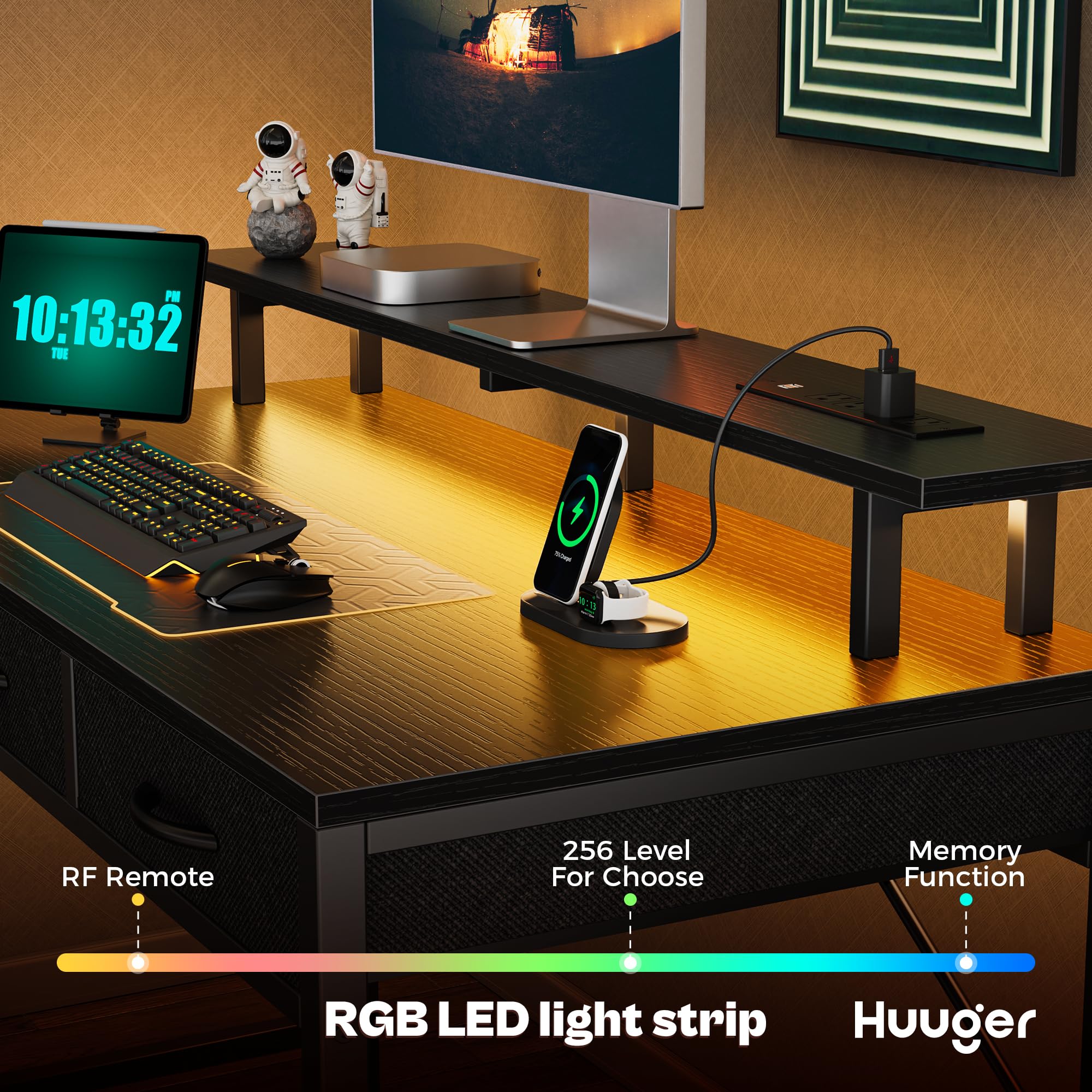 47 Inch Black Computer Desk with 3 Drawers & LED Lights - Home Office Desk with Power Outlets & Storage Space - Perfect for Gaming, Work from Home & Bedroom Study