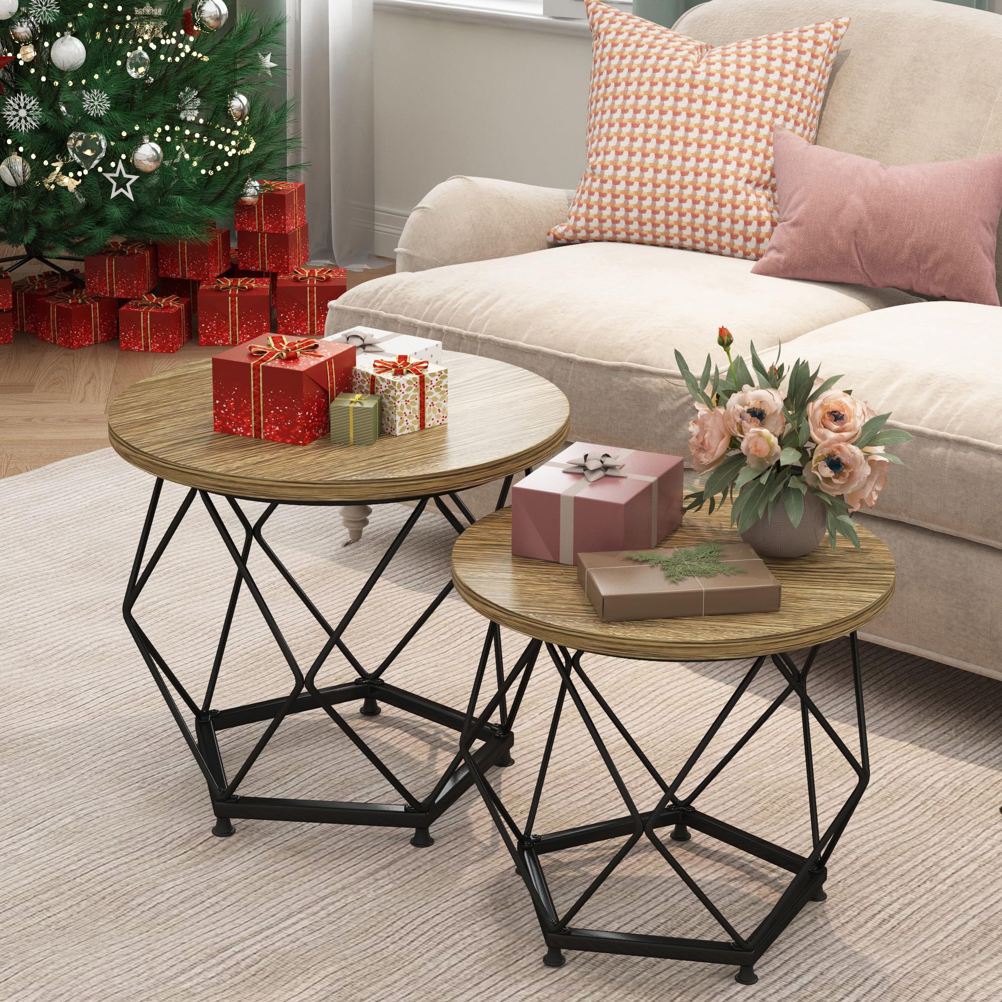 Modern Round Coffee Table Set of 2 - Sturdy Metal Frame Side Tables for Living Room, Bedroom & Office - Easy Assembly Home Decor Accent Pieces - Perfect for Small Spaces, Sofa End Tables and Coffee Table Replacement