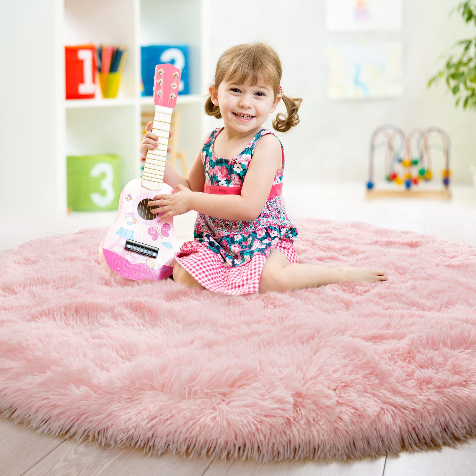 **Junovo Pink Round Fluffy Soft Area Rug 6x6 Feet - Plush Shaggy Carpet for Kids Girls Room, Princess Castle Nursery Rug, Cute Circle Carpet for Teens Bedroom & Home Decor - Perfect for Playrooms, Dorm Rooms & Cozy Spaces**