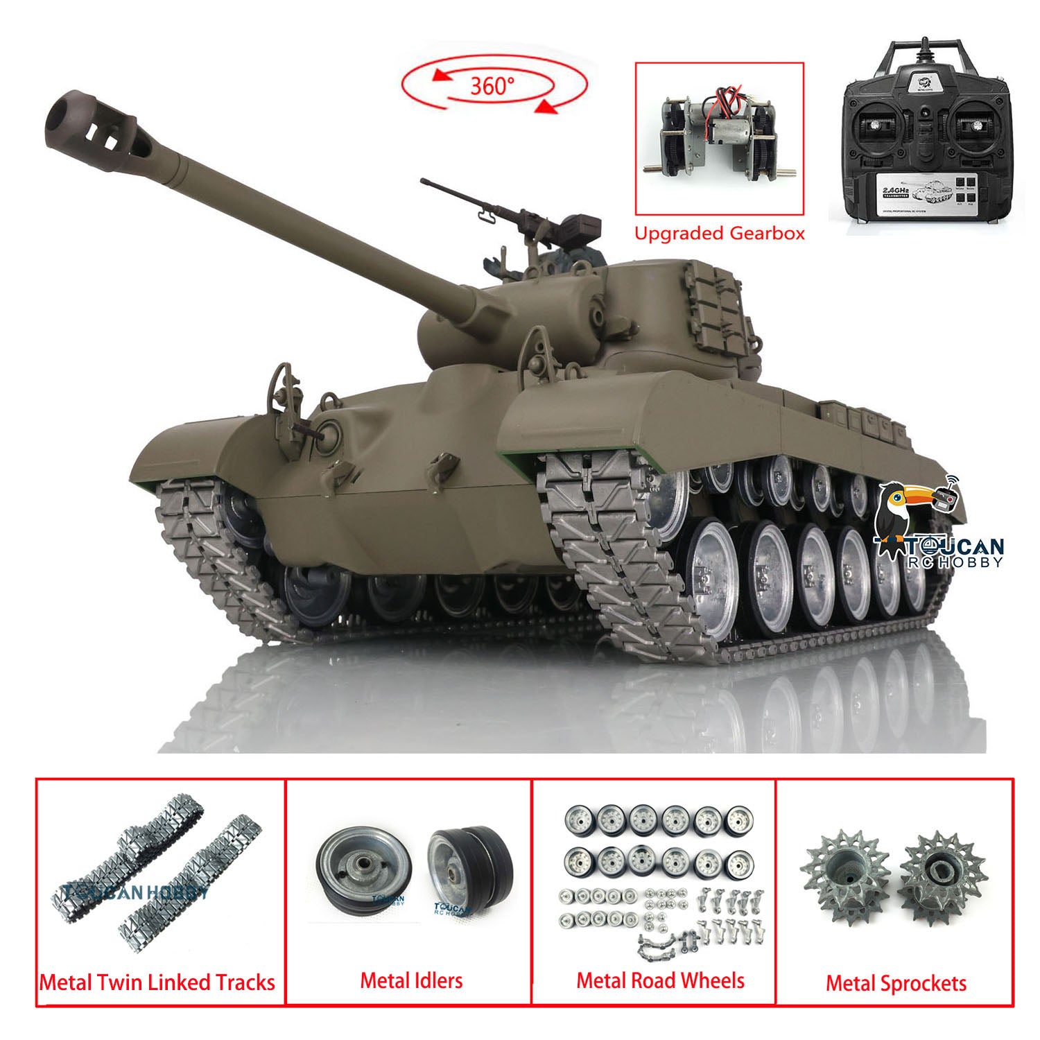 Henglong 1/16 Scale 7.0 M26 Patton RTR RC Tank Model 3838 with Metal Tracks, Double Rubber Pads, 360° Rotating Turret & Metal Road Wheels - Remote Control Military Vehicle for Outdoor Battles & Collectors Display