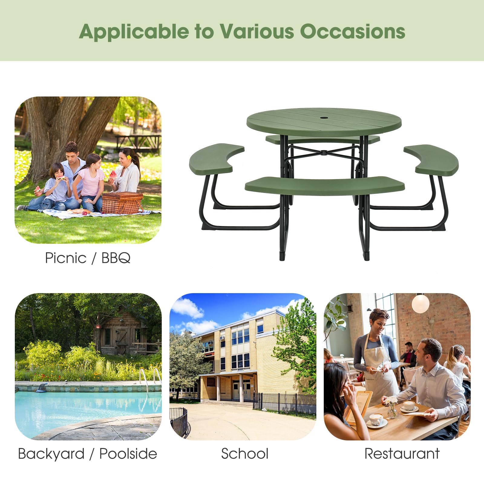 Giantex 8-Person Round Outdoor Picnic Table Set with Umbrella Hole - HDPE Top & Sturdy Metal Frame, 2000LBS Capacity - Patio, Deck, Backyard, Garden Furniture (Green) | Perfect for Family Gatherings, BBQs, and Outdoor Dining
