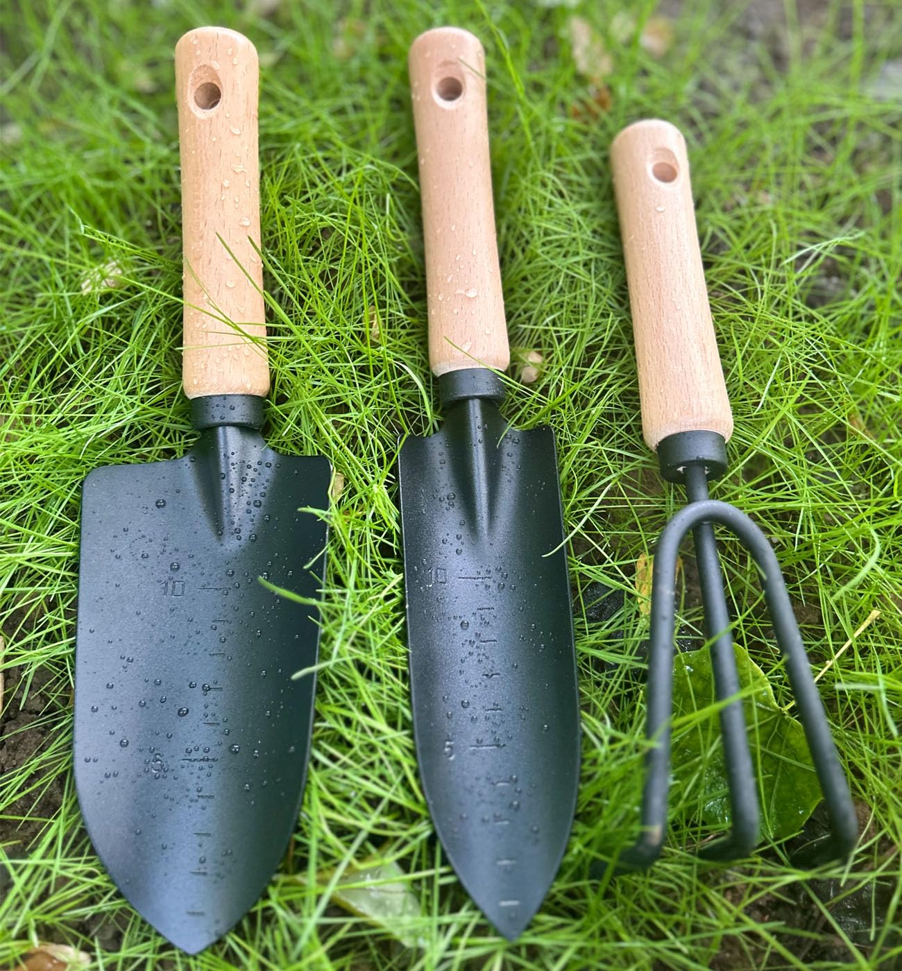 3pc Garden Tool Set - Rake & Trowel with Wood Handle for Outdoor Planting