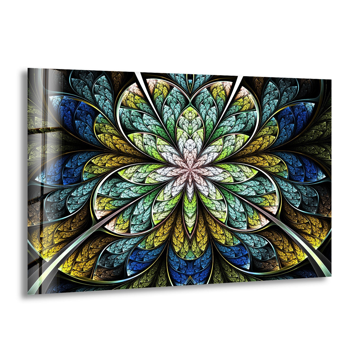 Blue Fractal Flower Glass Wall Art - Handmade Modern Home Decor for Living Room, Bedroom & Office - Elegant Glass Mosaic Wall Hanging for Unique Interior Design