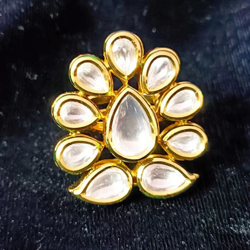Exquisite Gold Plated Royal Kundan & Ruby Beaded Ring (Design 105) - Elegant Jewelry for Weddings, Parties & Special Occasions